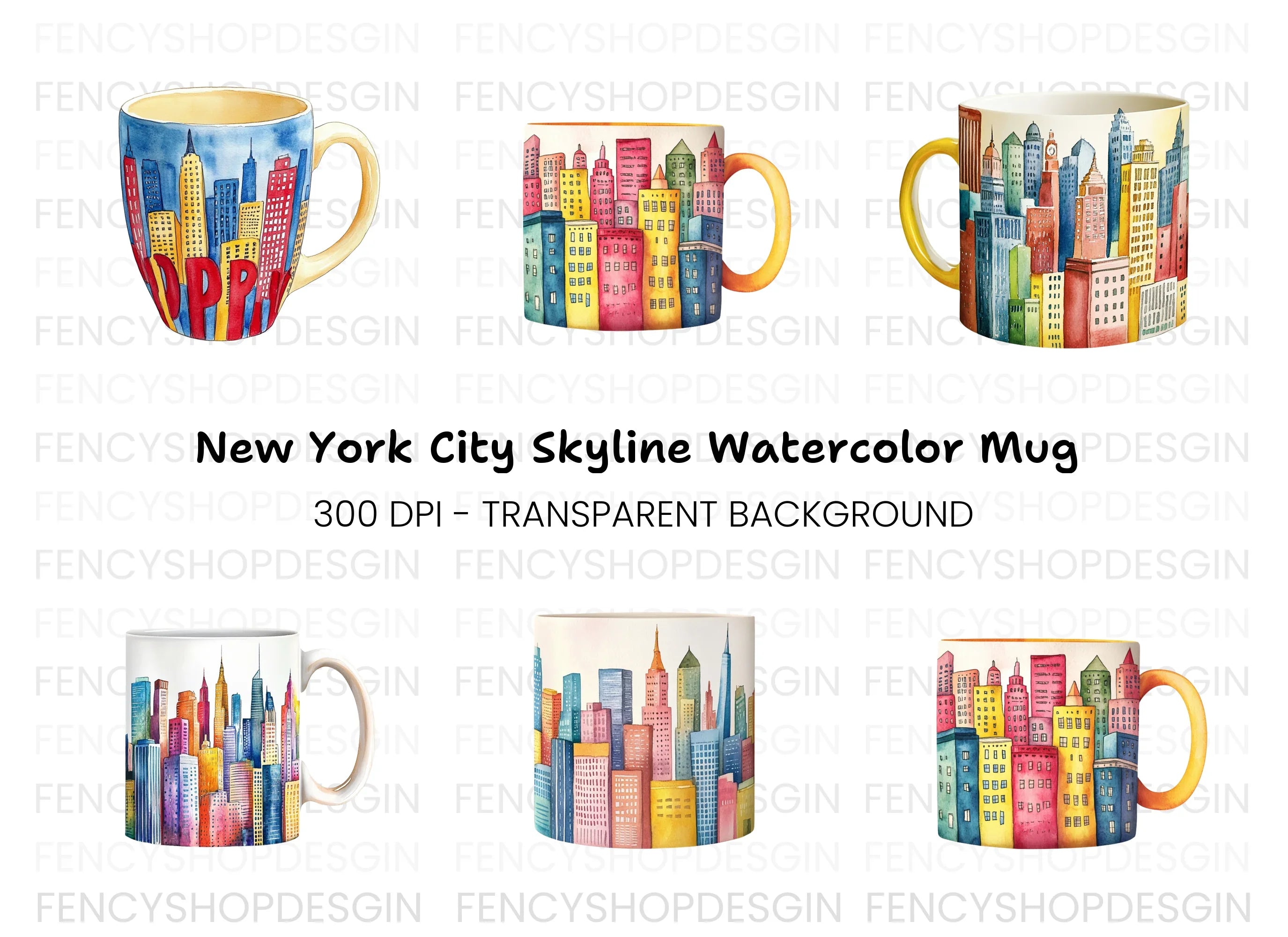 Colorful NYC Skyline Mugs Clipart Bundle