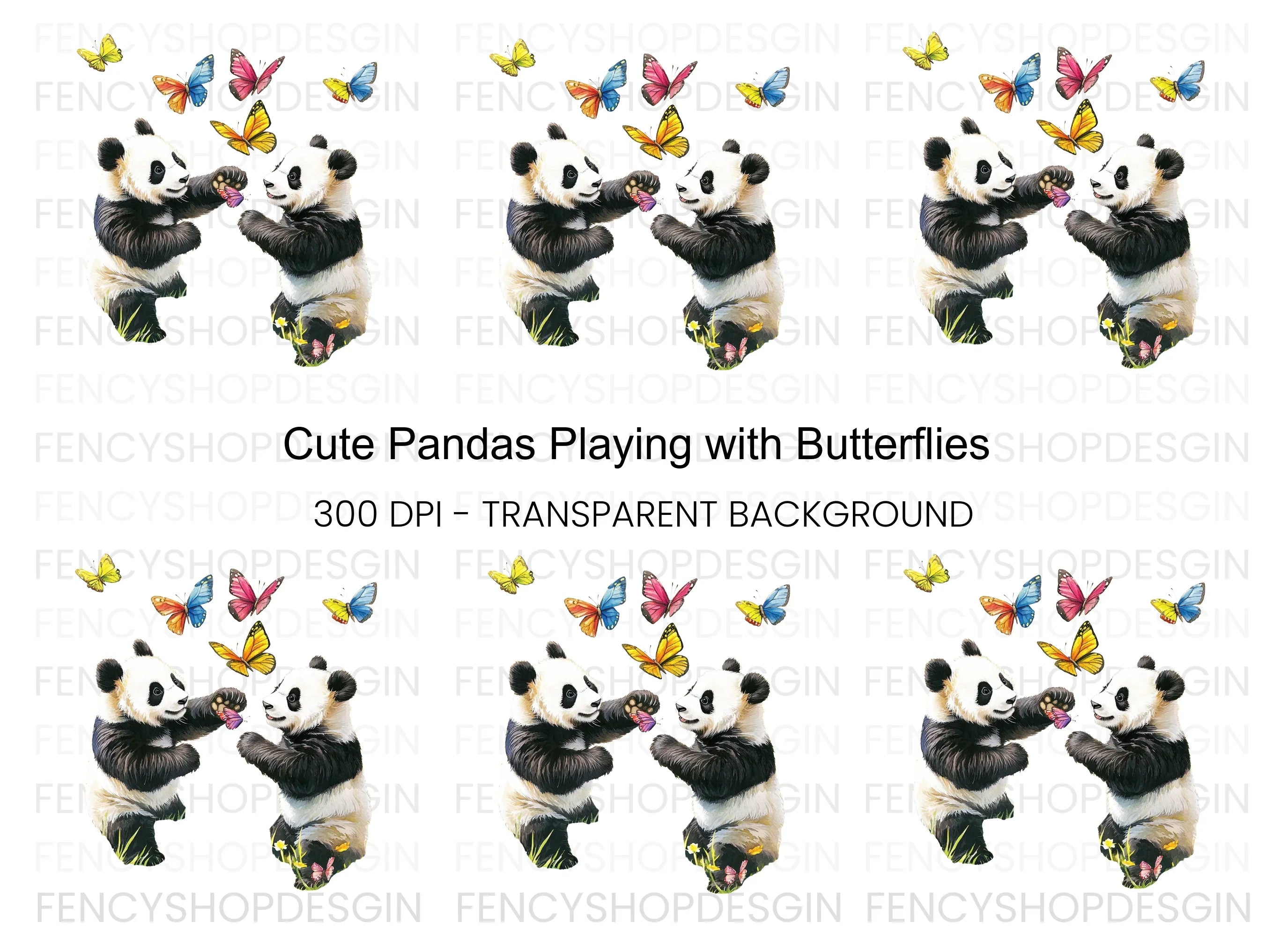 Cute Pandas Playing With Butterflies Clipart Bundle