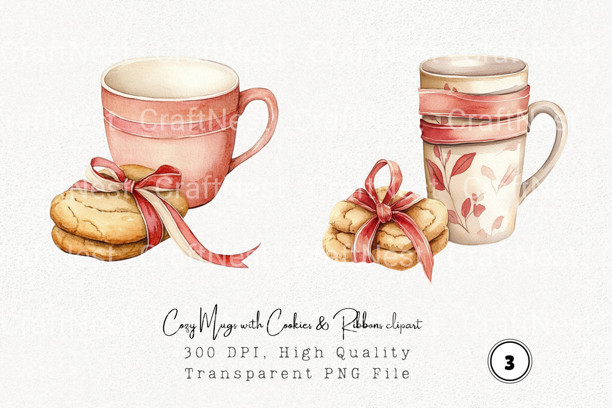 Cozy Mugs With Cookies Ribbons Clipart Bundle