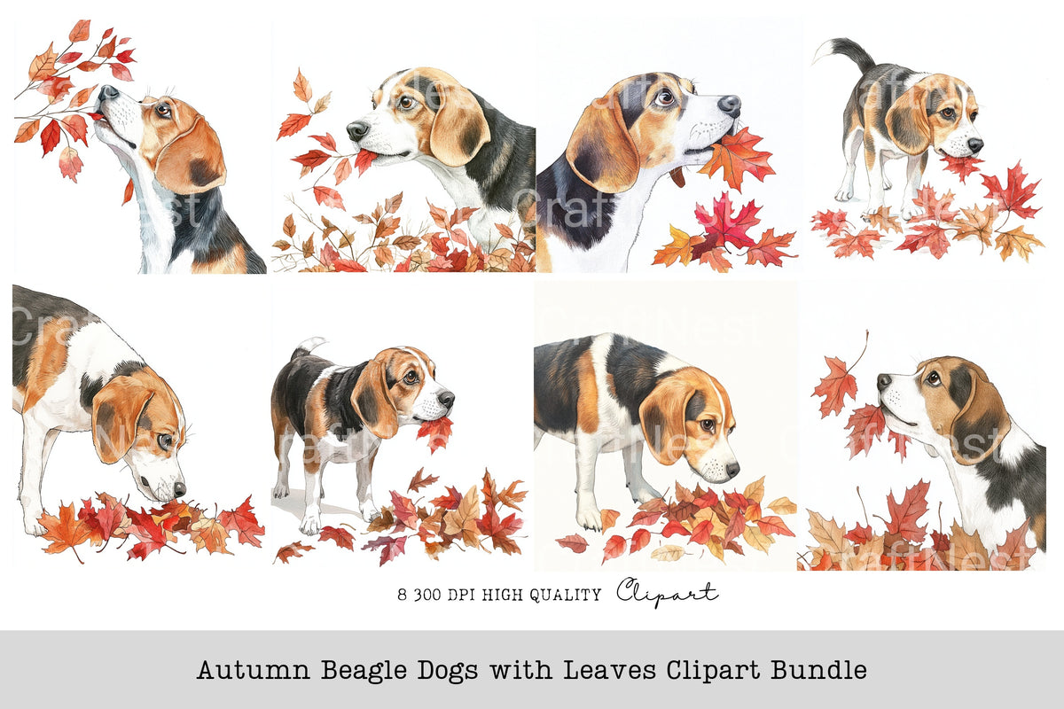 Autumn Beagle Dogs With Leaves Clipart Bundle