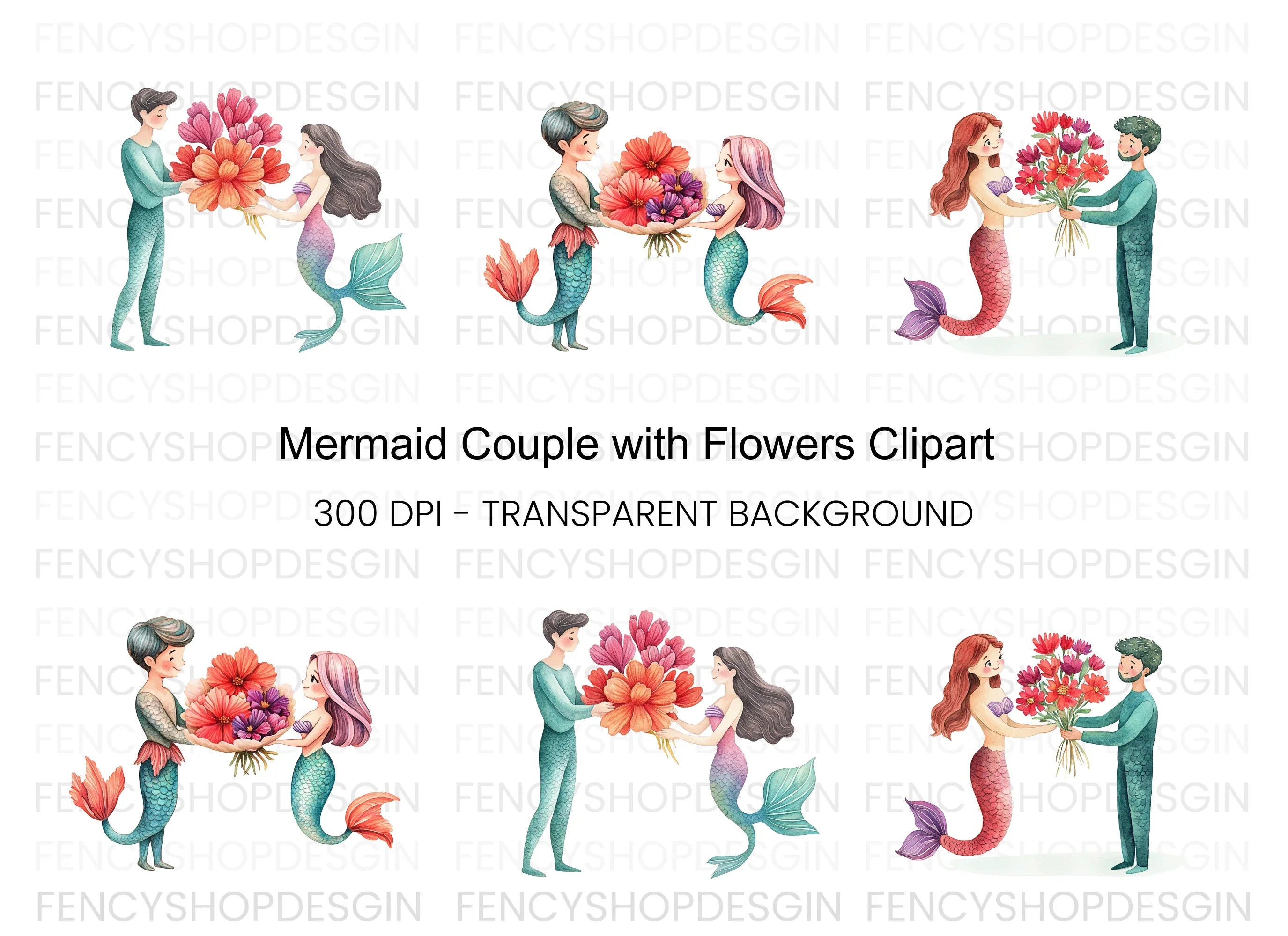 Mermaid Couple with Flower Bouquets Clipart Bundle
