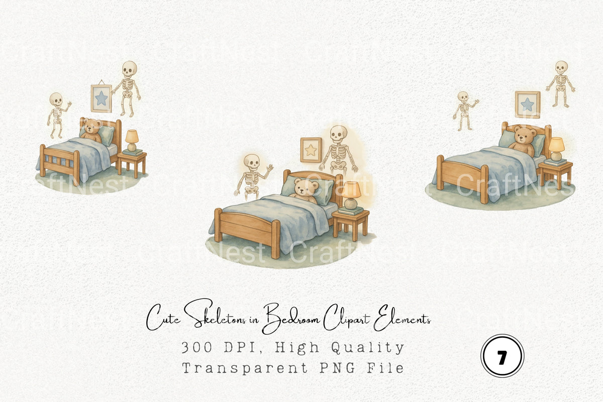 Cute Skeletons In Bedroom Elements Clipart Bundle