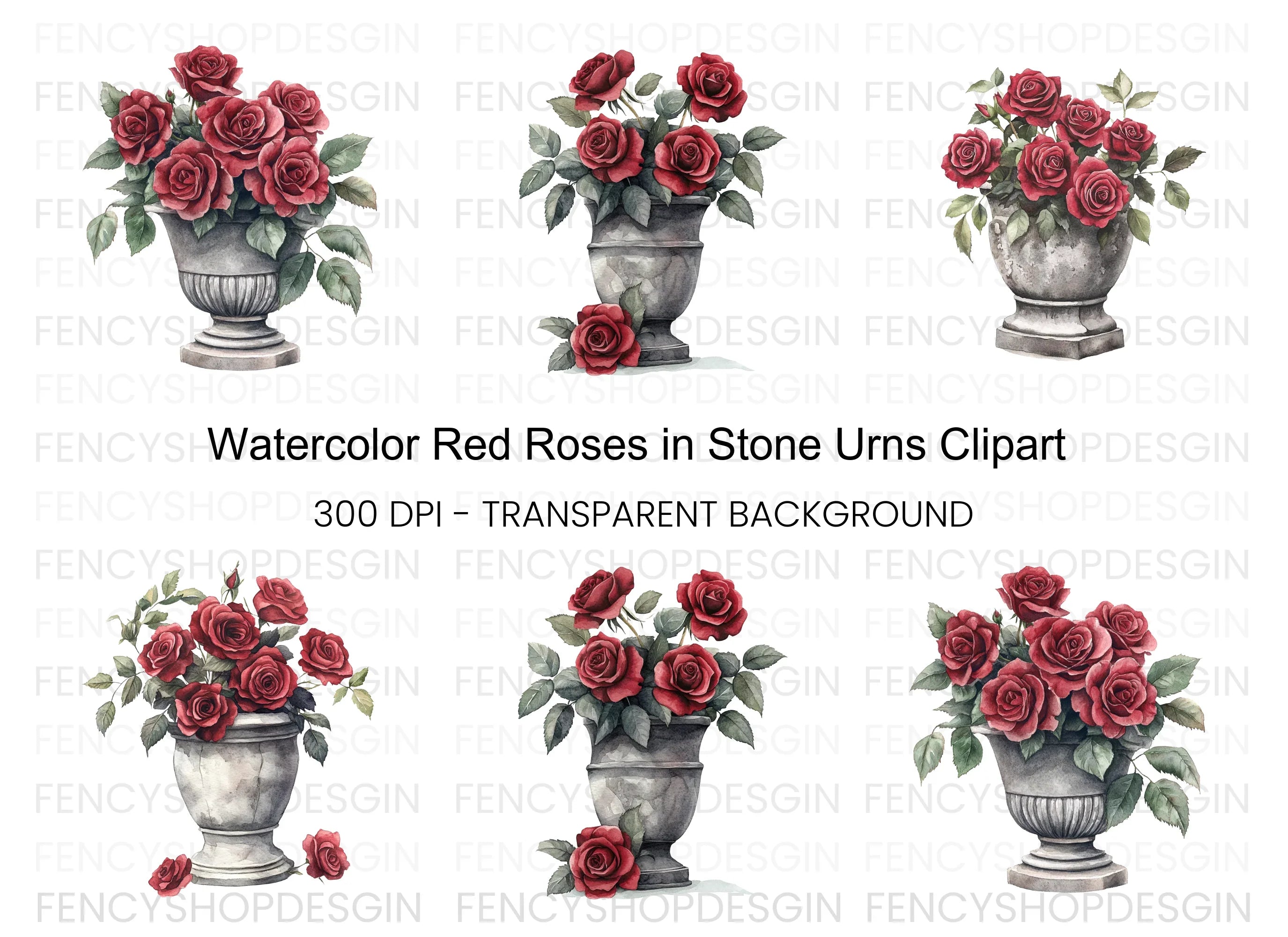 Elegant Red Rose Urn Clipart Bundle