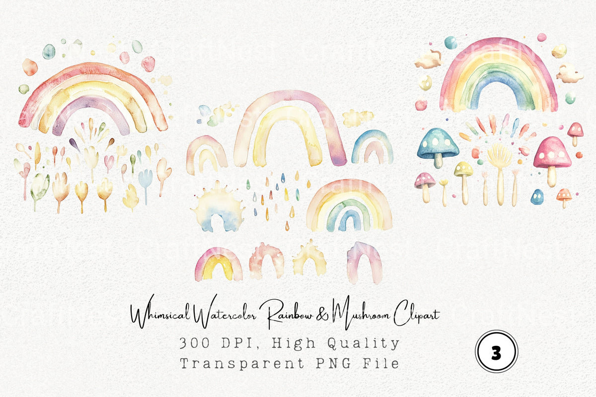 Whimsical Rainbow Mushroom Clipart Bundle