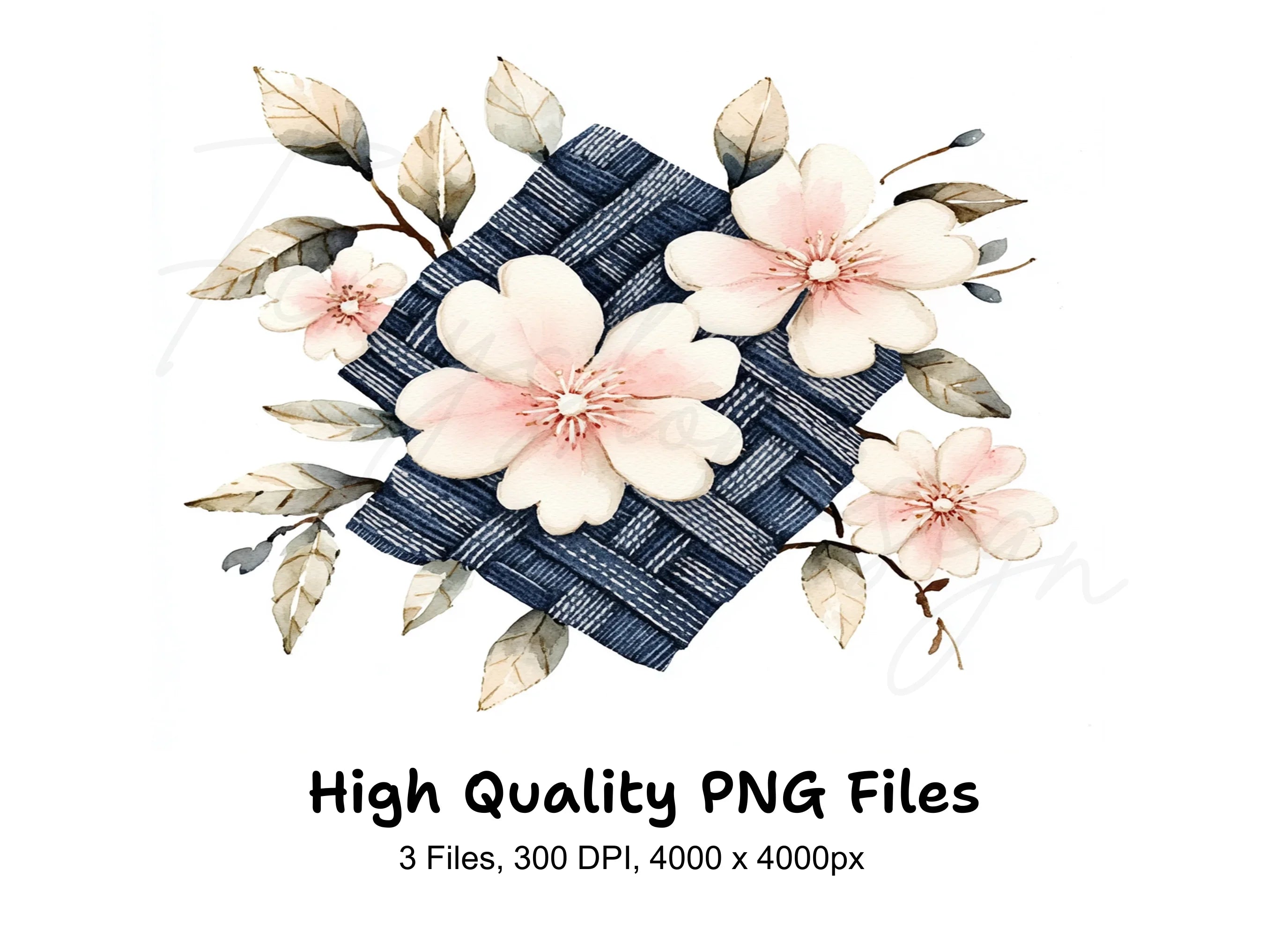 Pink Cherry Blossom Denim Clipart Bundle