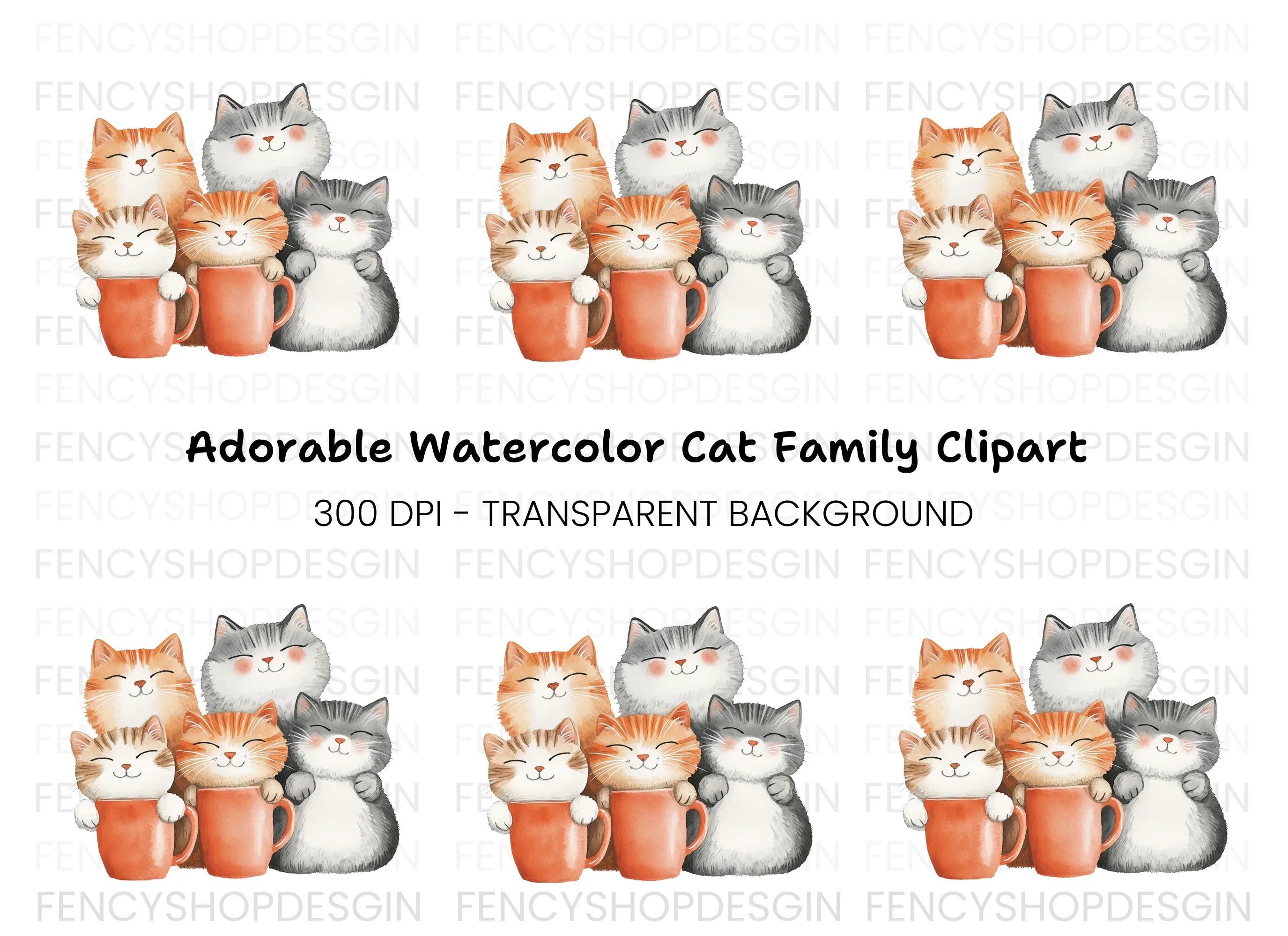 Happy Cats in Mugs Clipart Bundle