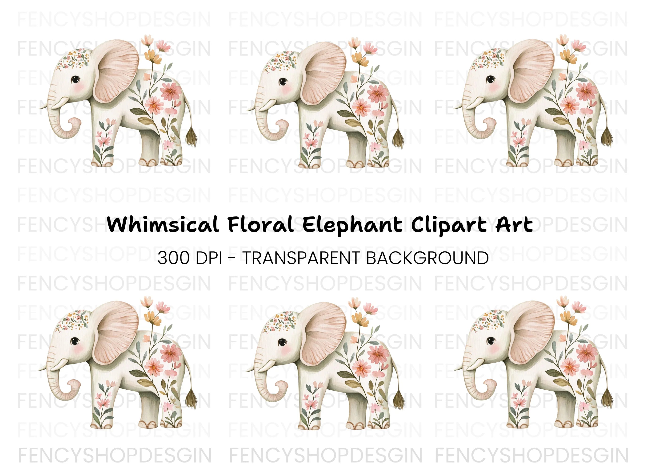 Floral Elephant Clipart Bundle