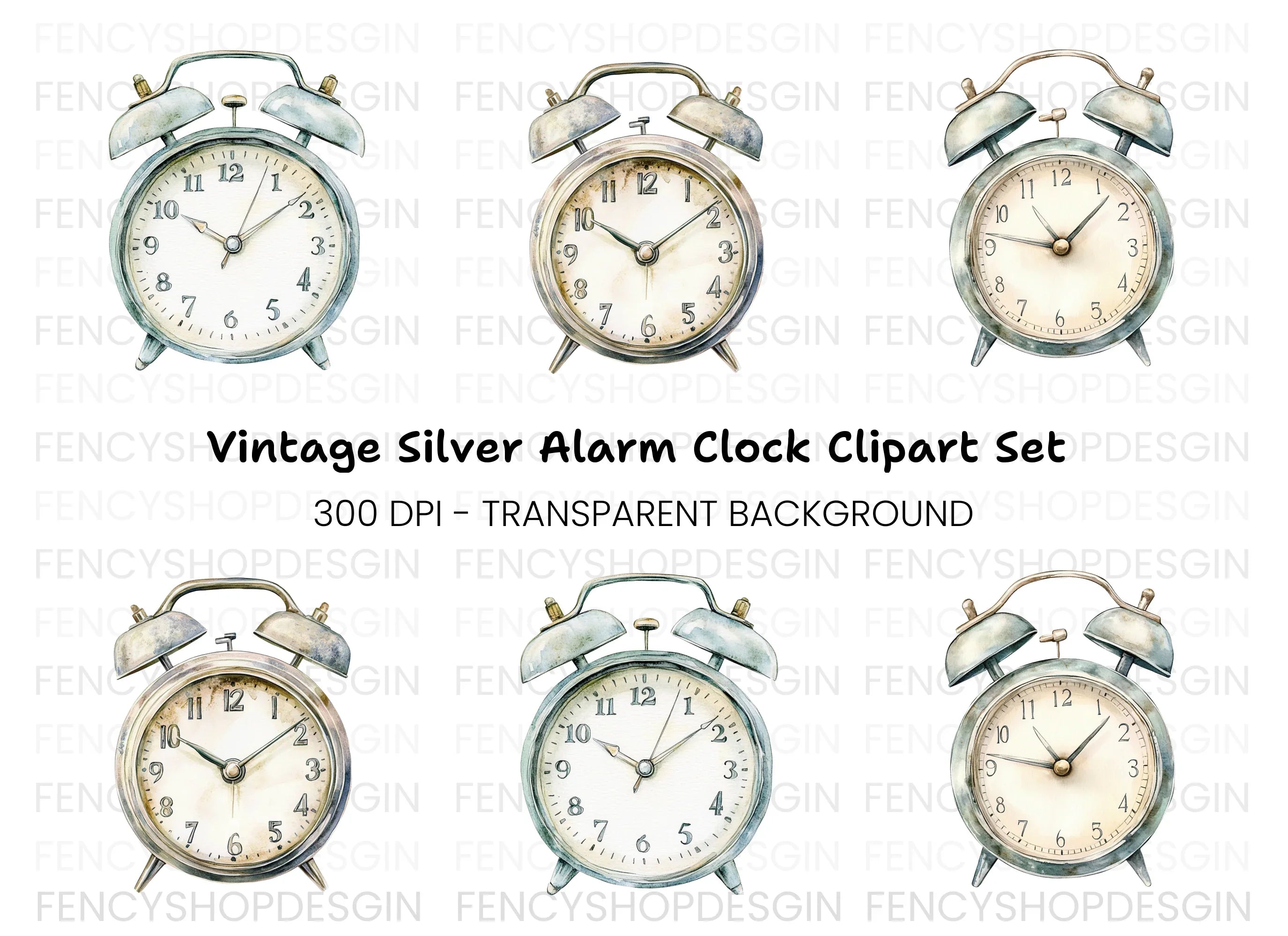 Rustic Silver Alarm Clock Clipart Bundle