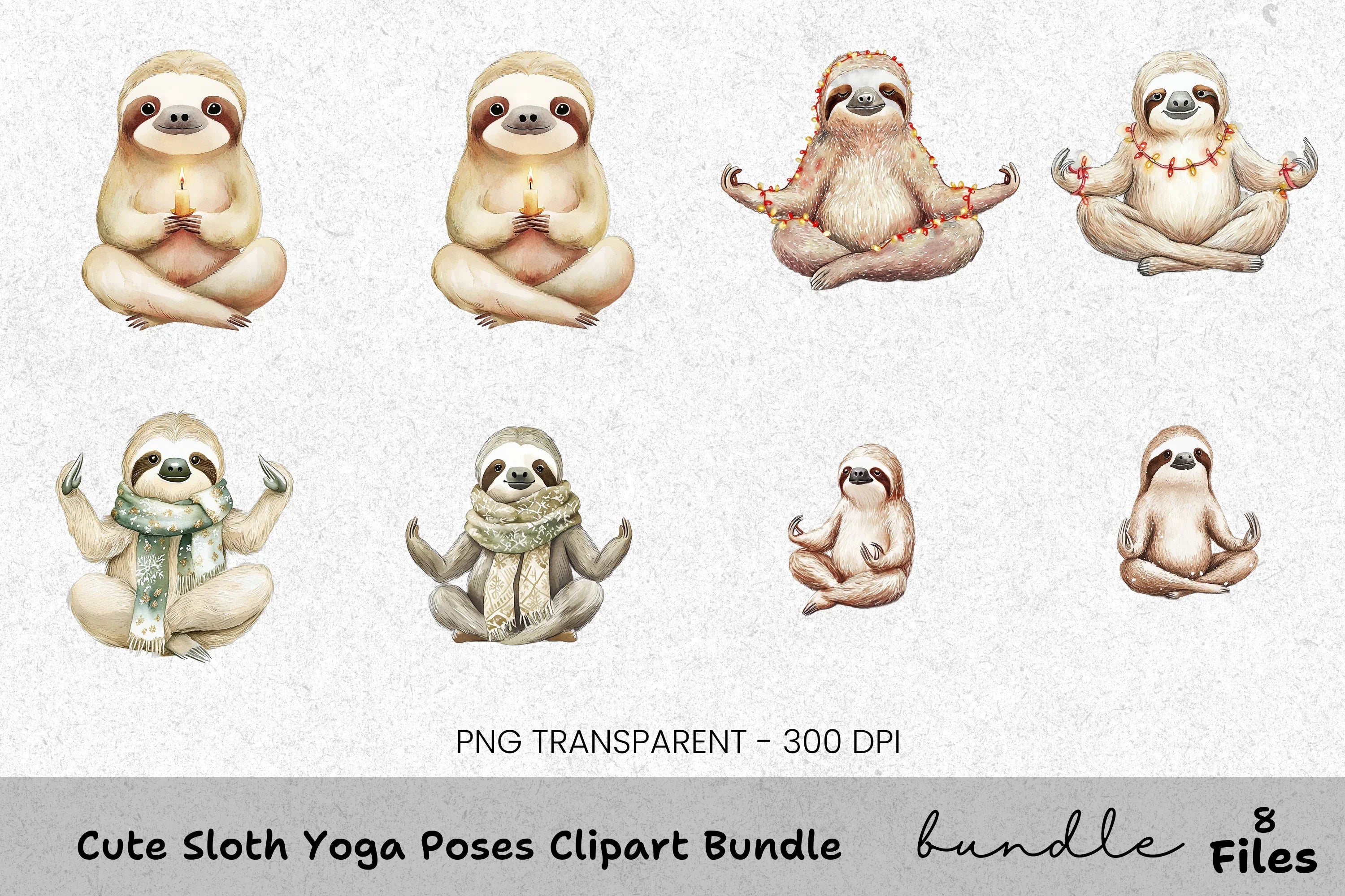Meditating Christmas Sloths Clipart Bundle