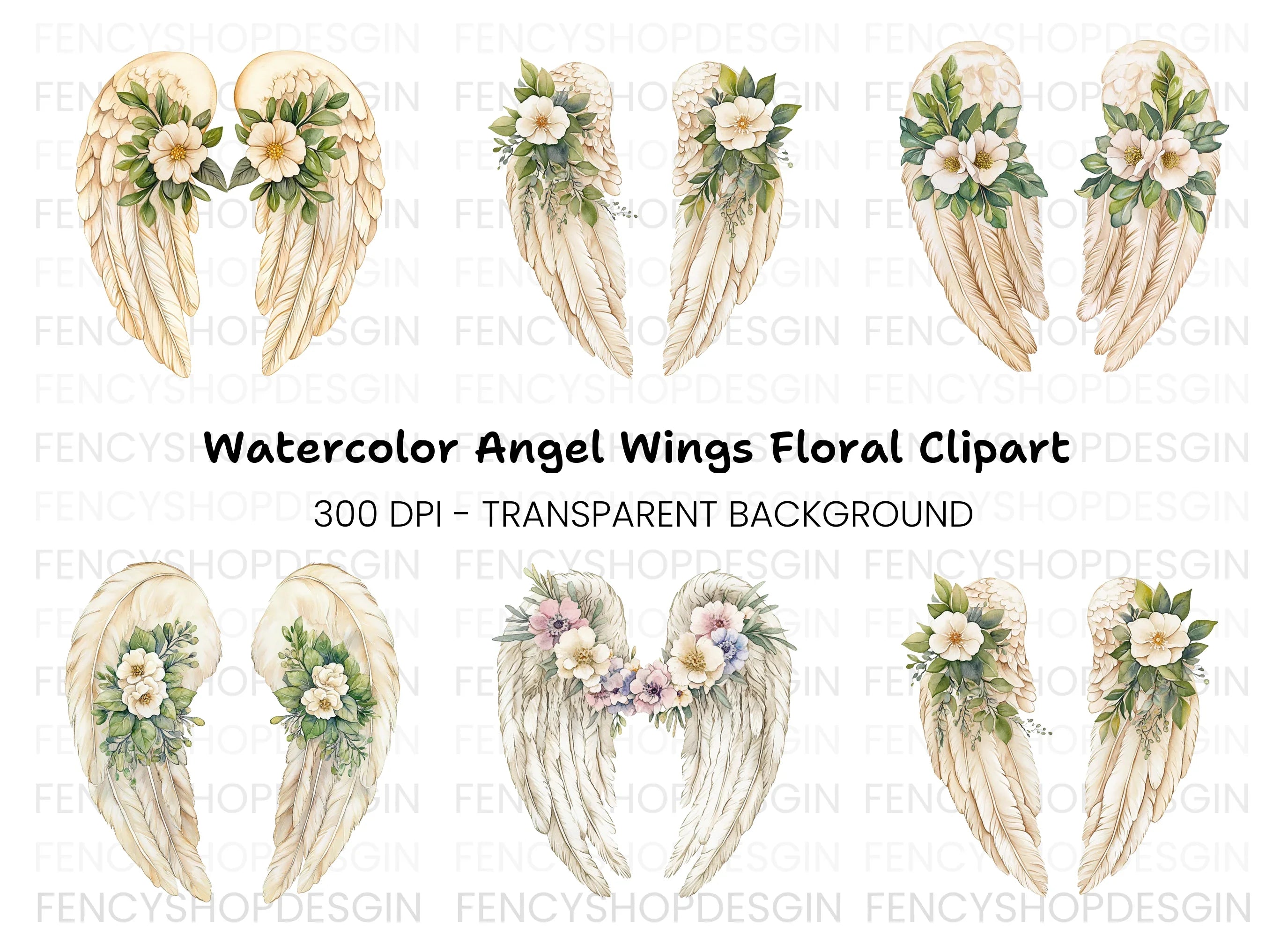Elegant Angel Wings with White Flowers Clipart Bundle