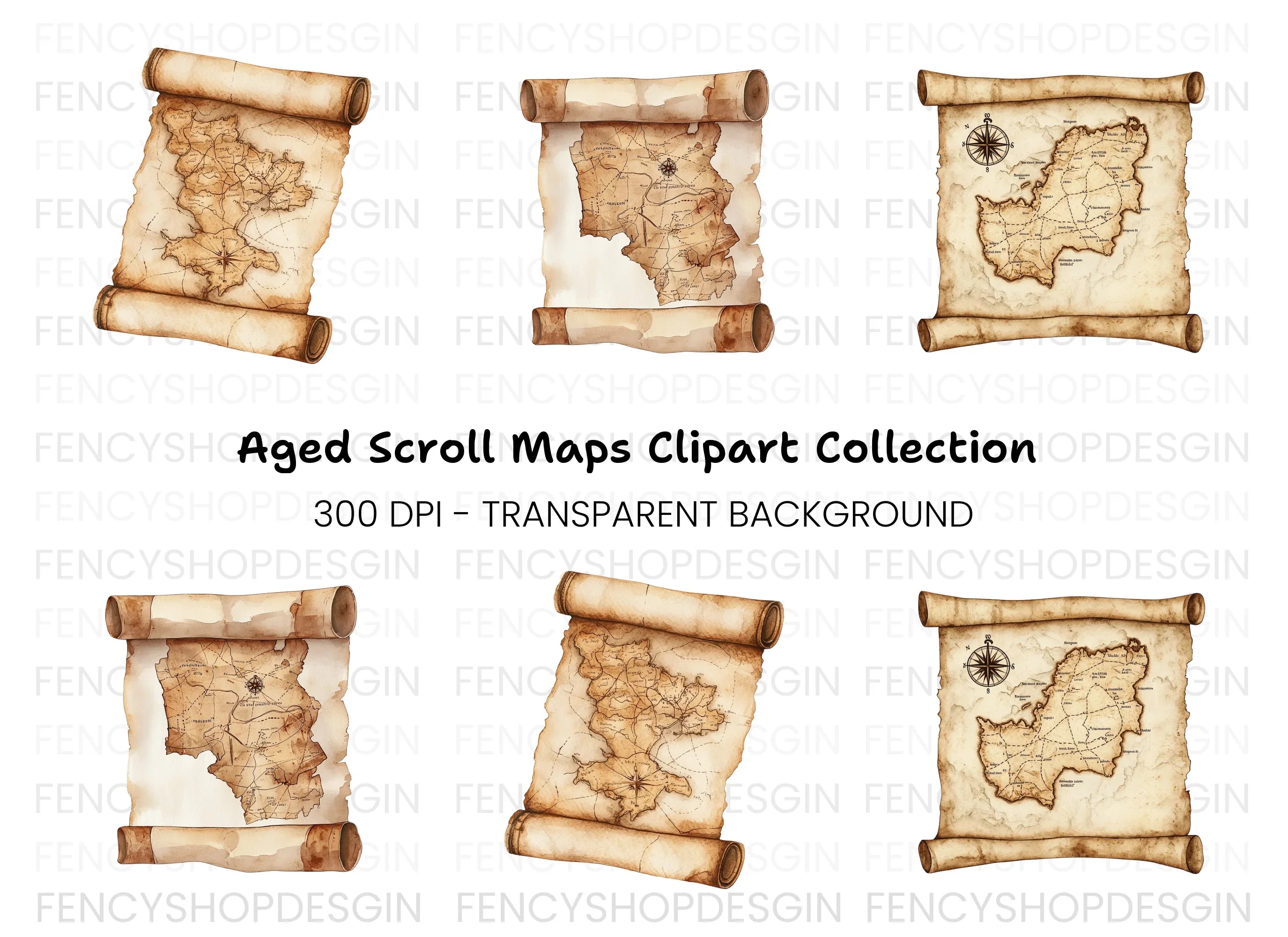 Vintage Scroll Map Clipart Bundle
