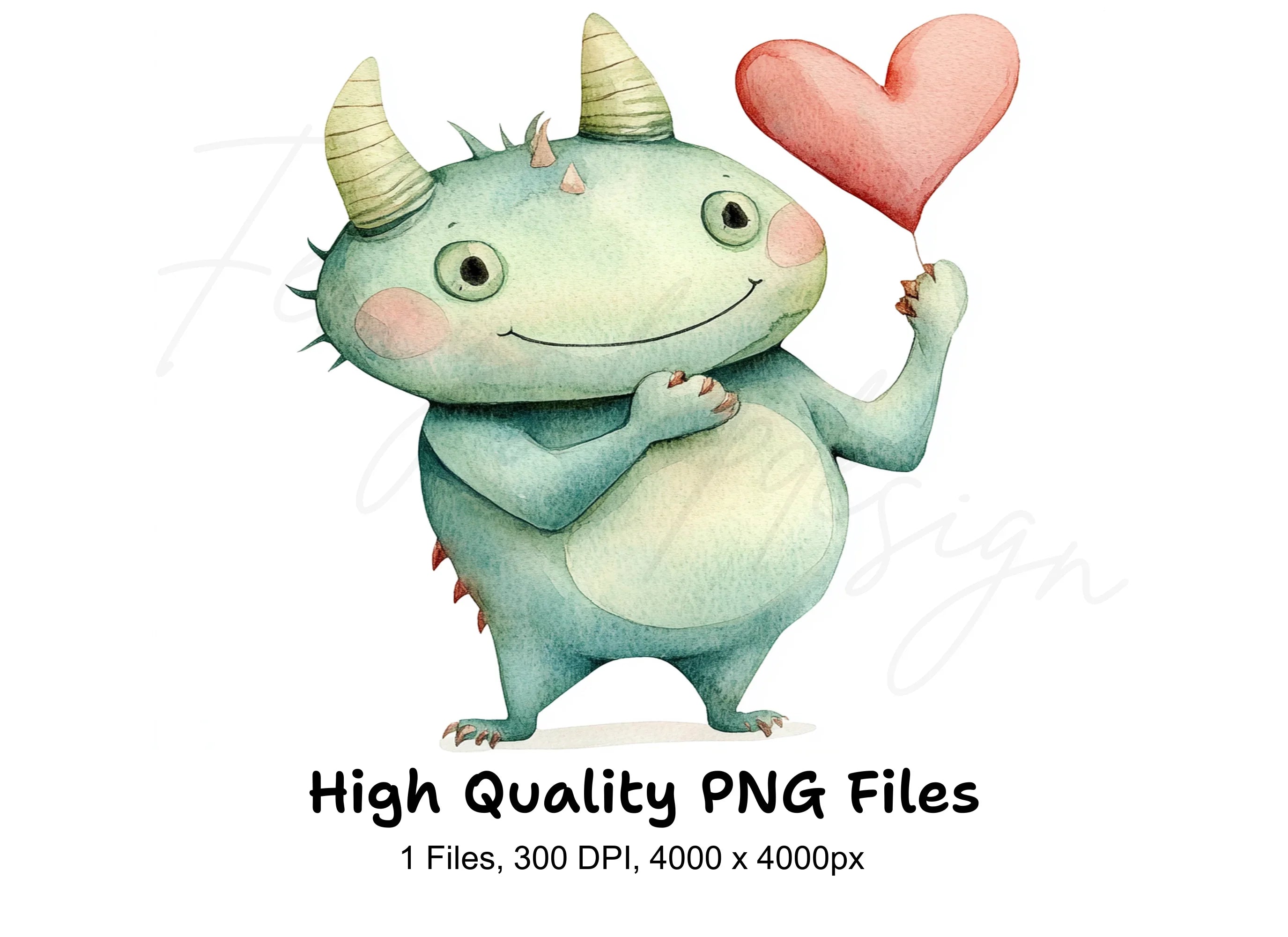 Cute Green Monster with Heart Clipart Bundle