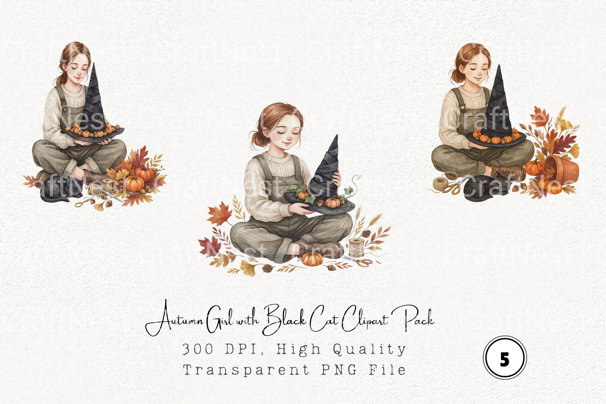 Autumn Girl With Black Cat Clipart Bundle
