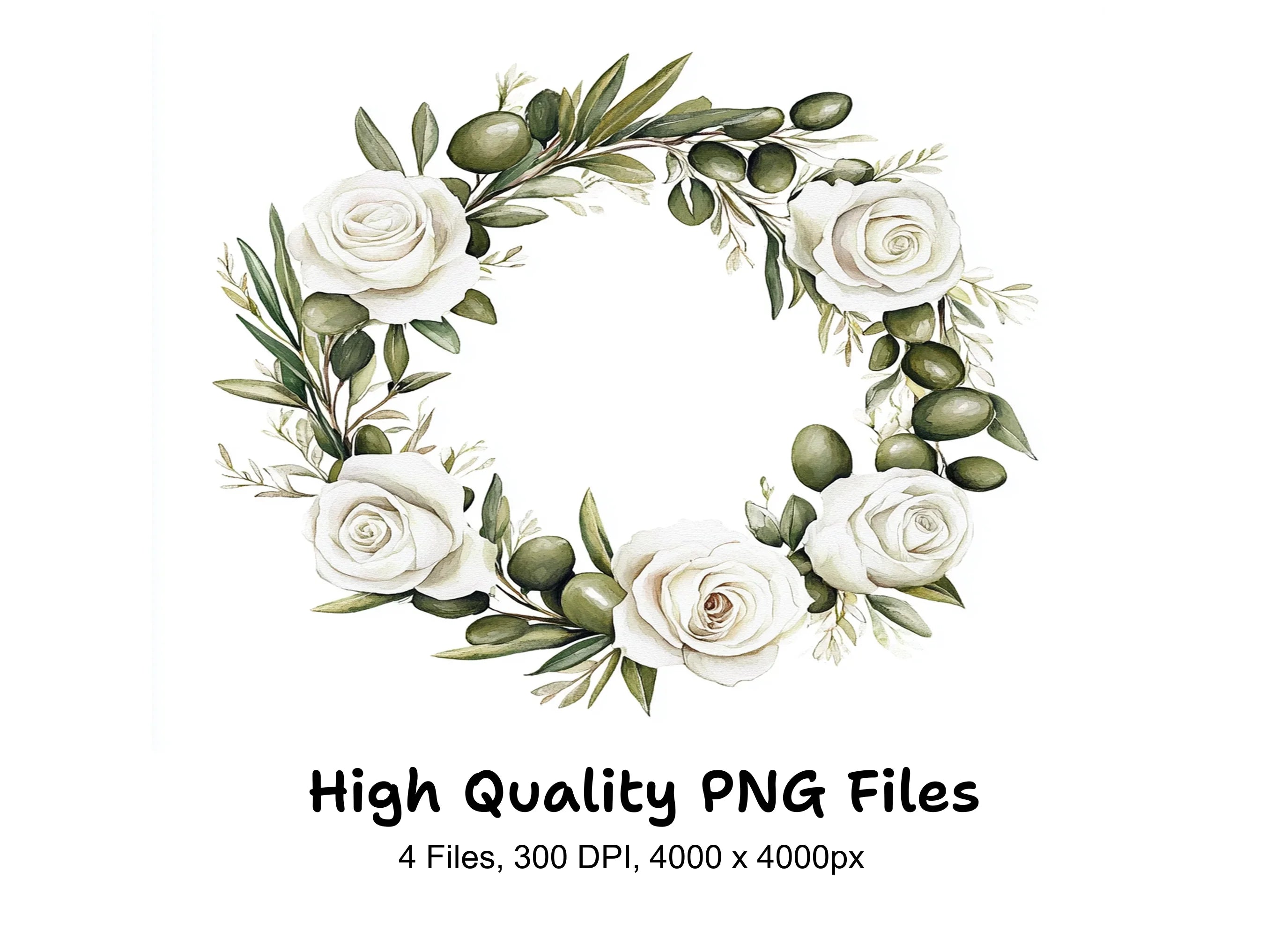 White Rose Olive Wreath Clipart Bundle
