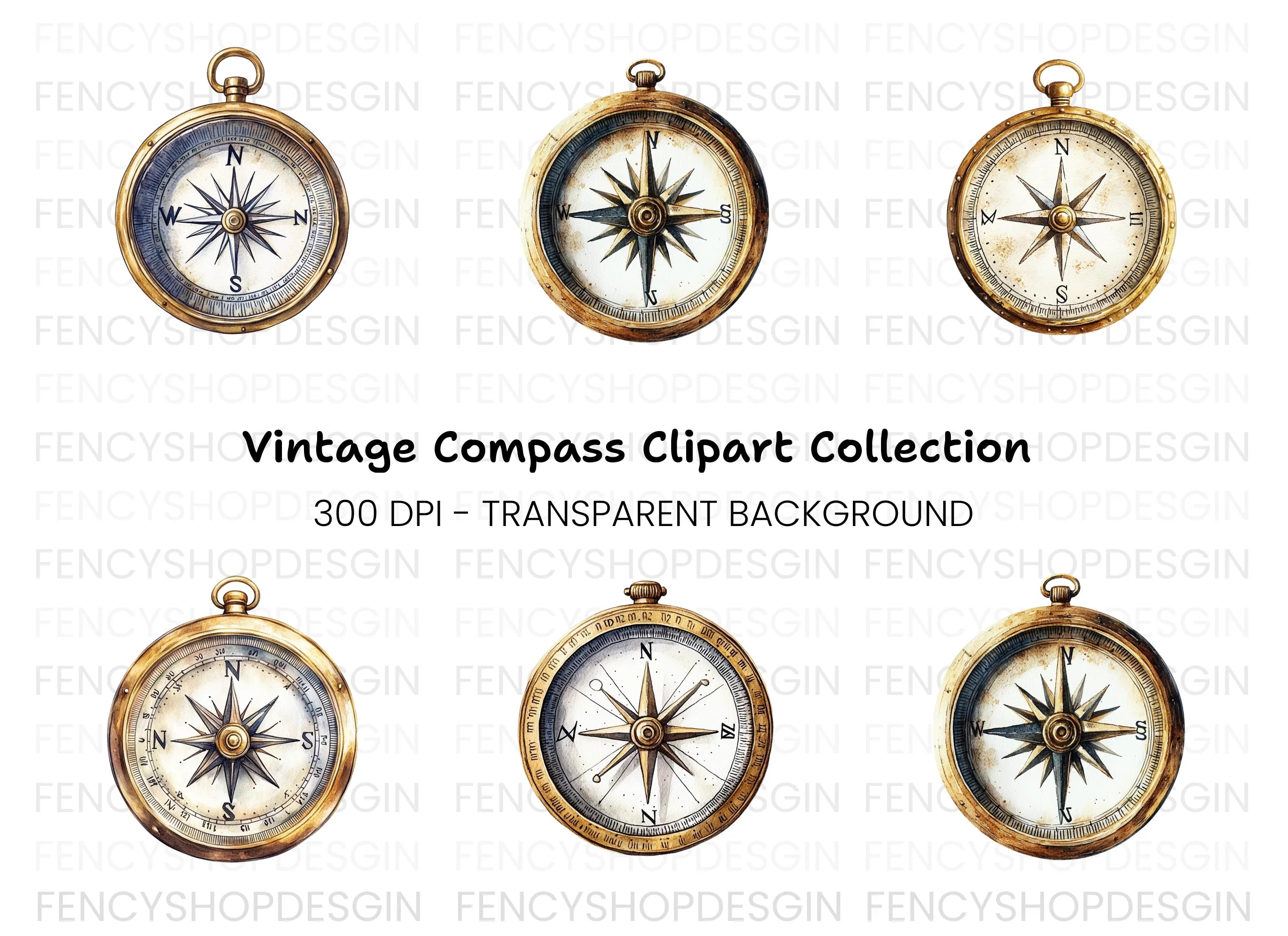 Vintage Compass Clipart Bundle