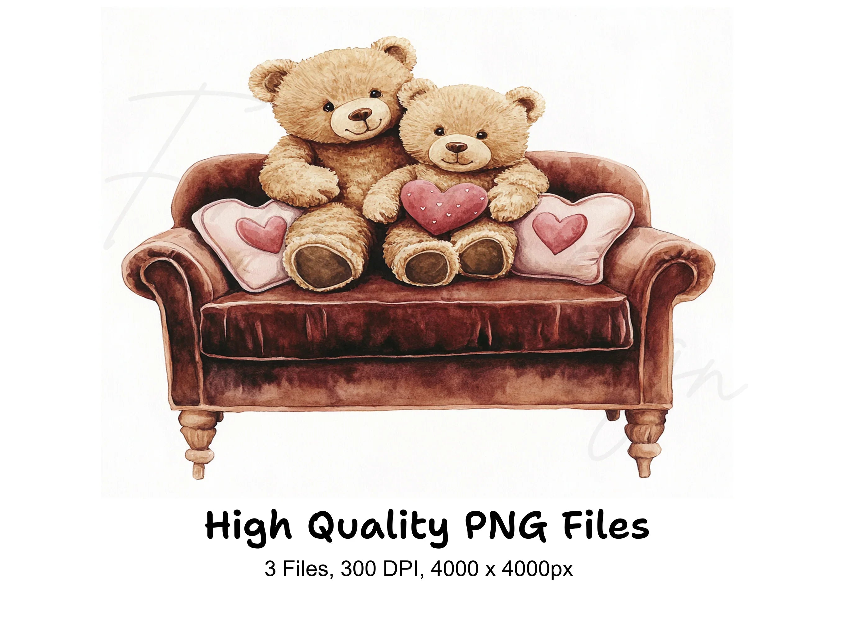 Cute Teddy Bear Couple on Sofa Clipart Bundle