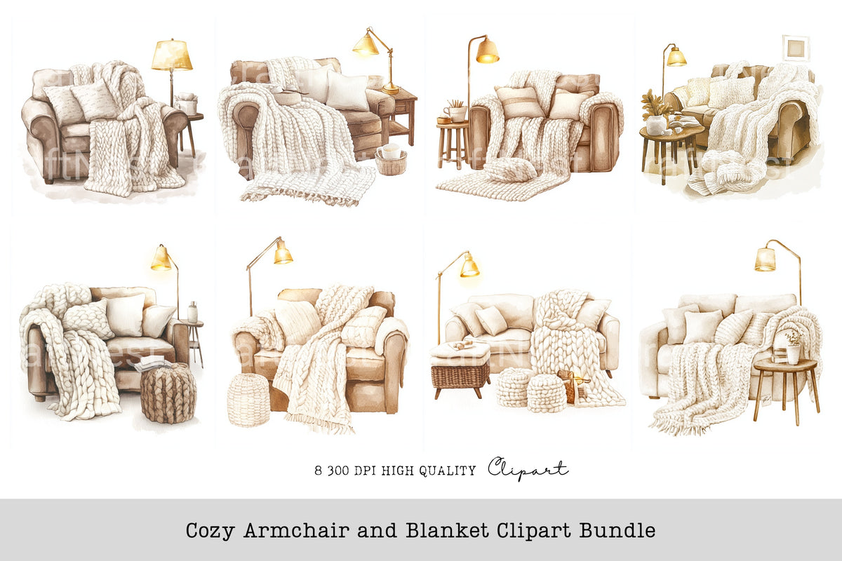 Cozy Armchair And Blanket Clipart Bundle