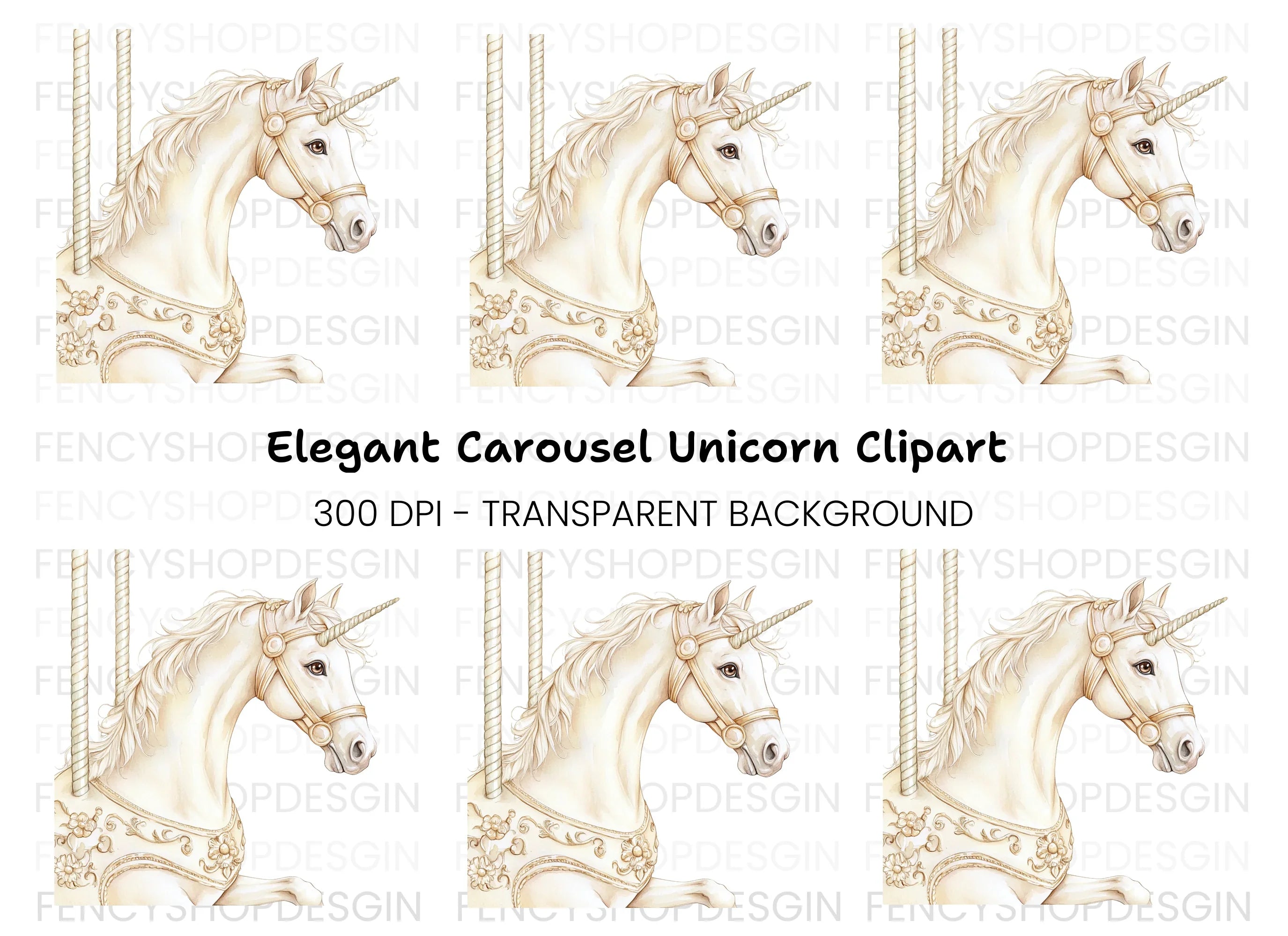 Elegant Carousel Unicorn Clipart Bundle