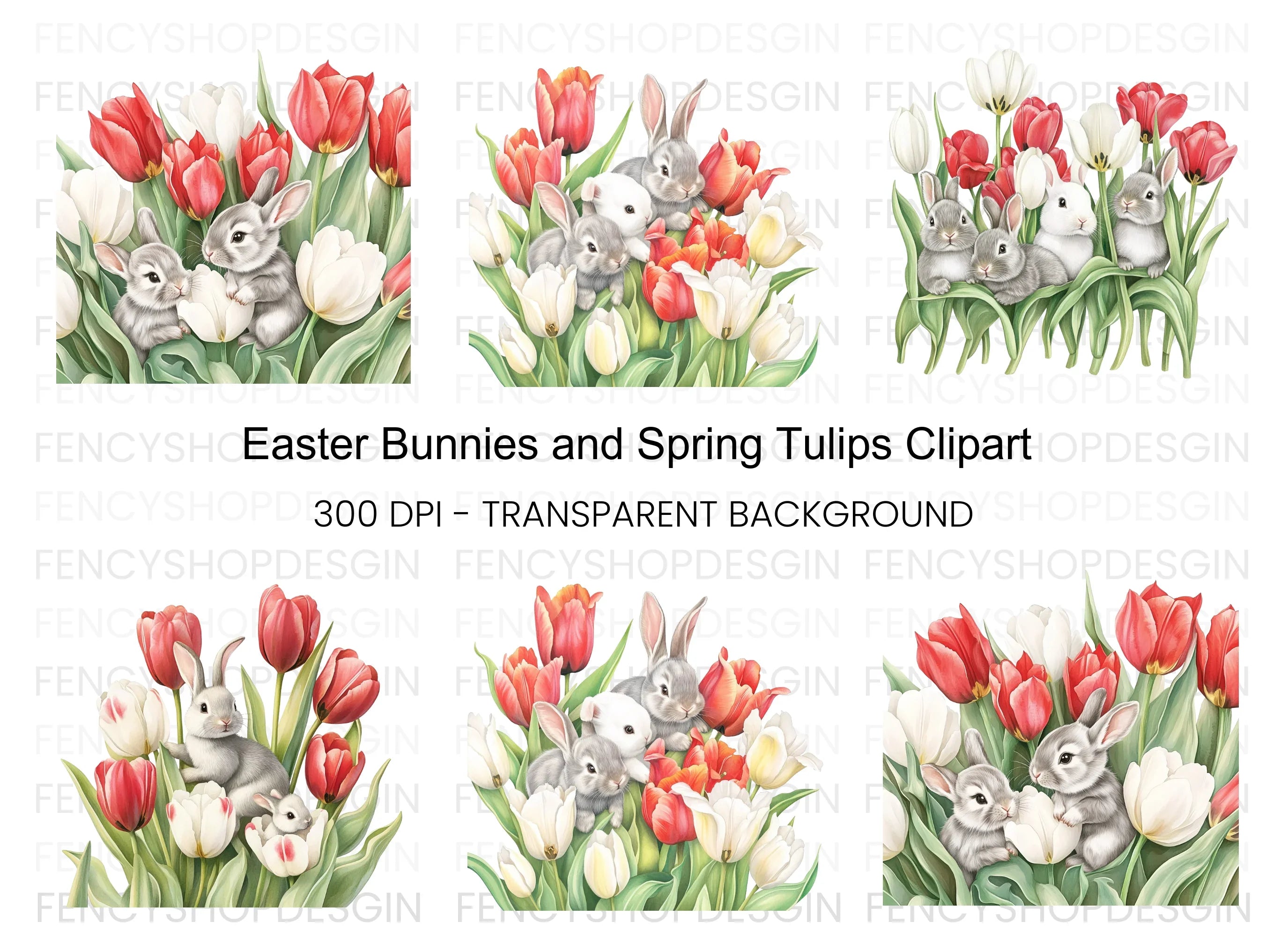 Baby Bunnies in Tulip Garden Clipart Bundle