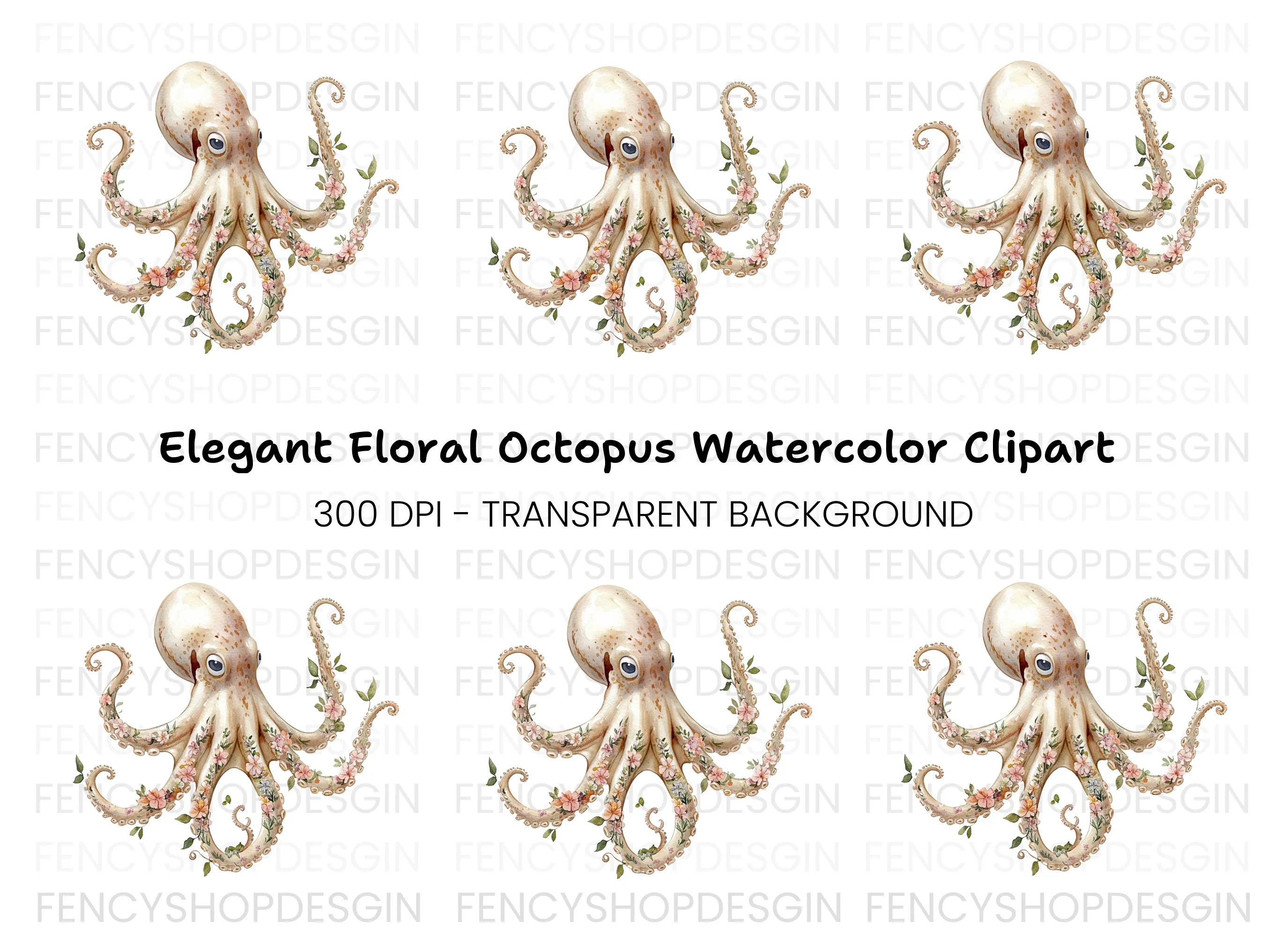 Elegant Floral Octopus Clipart Bundle