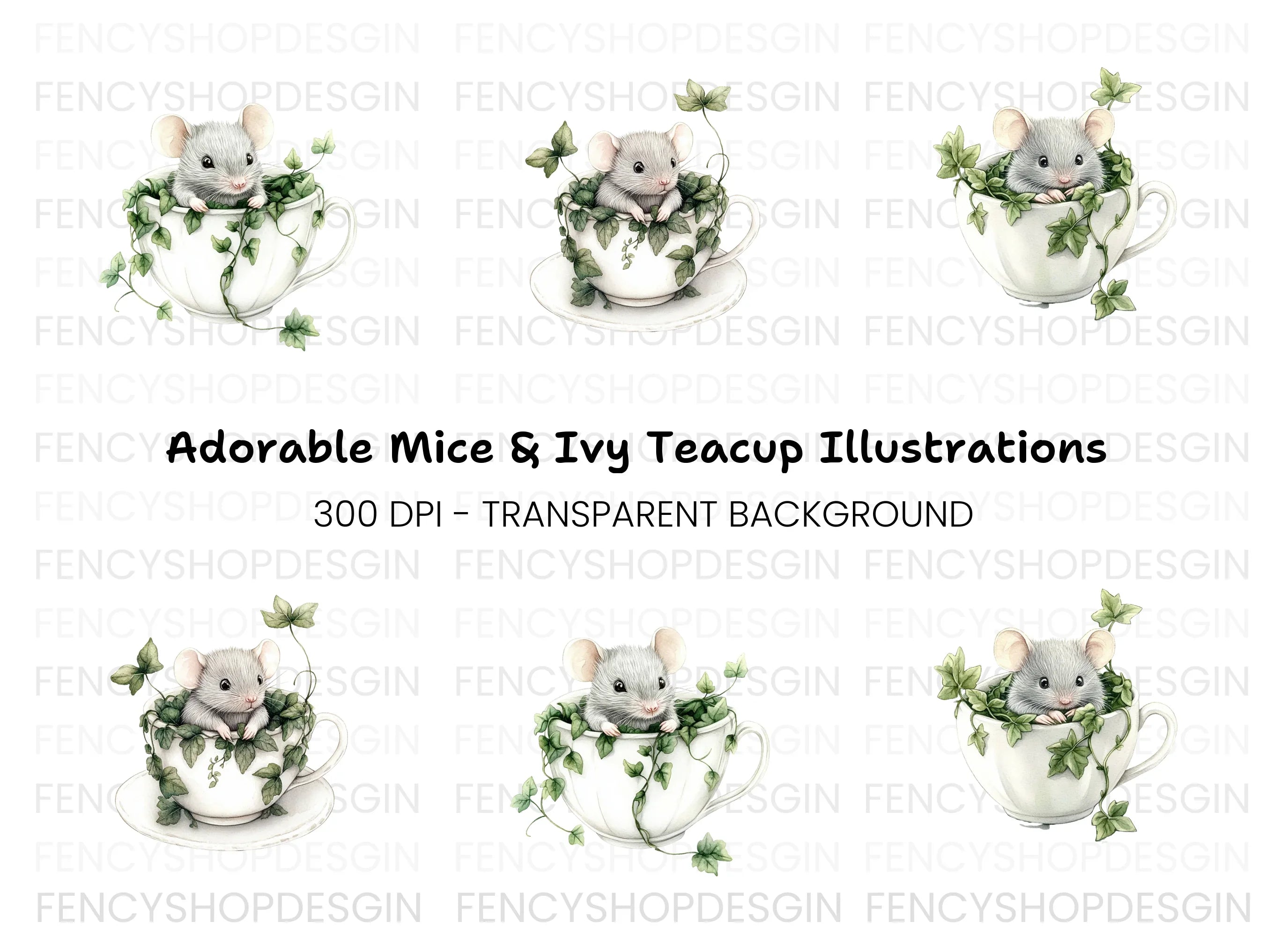 Cute Mice in Teacups Clipart Bundle