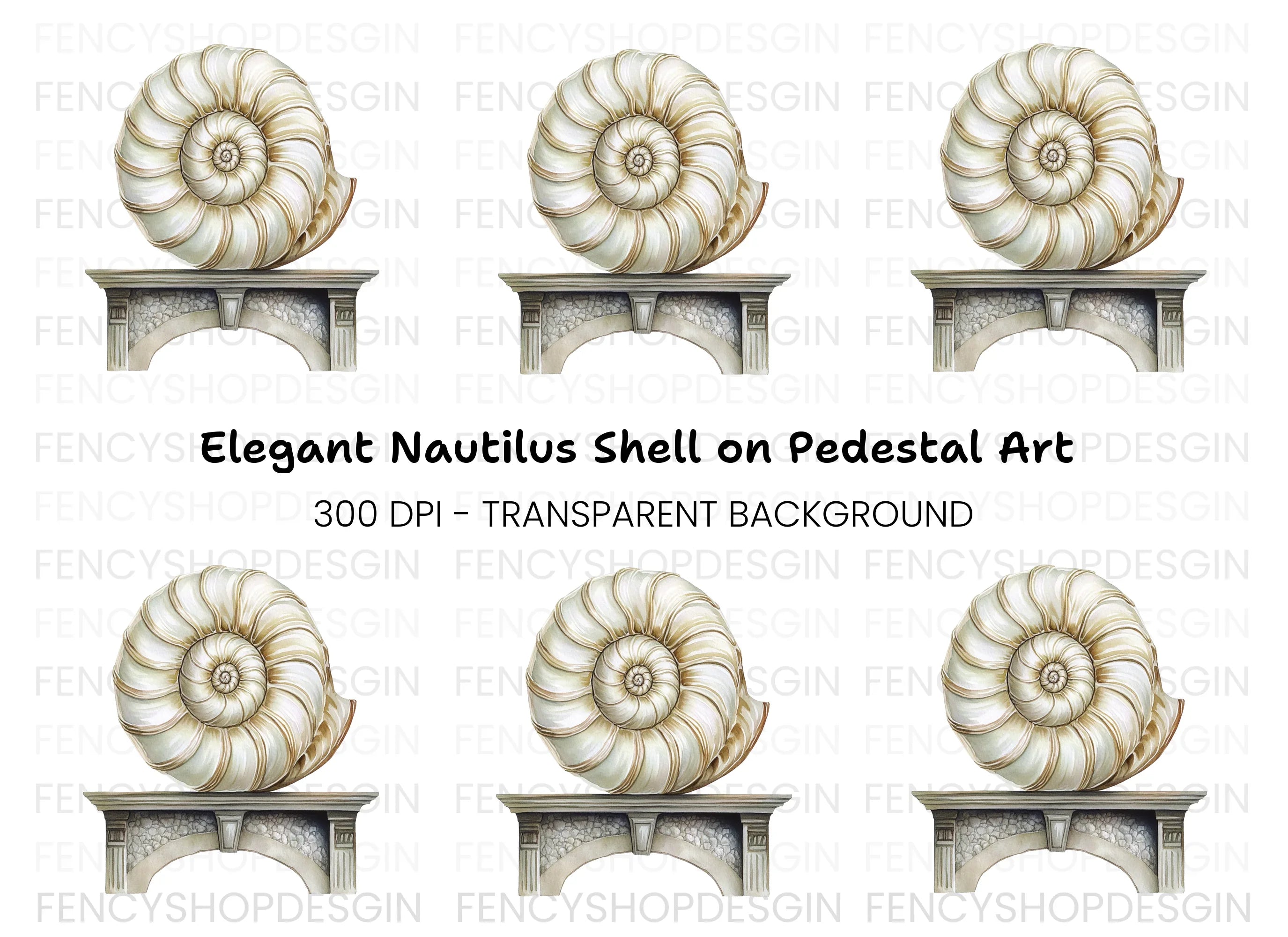 Elegant Nautilus Shell on Stone Pedestal Clipart Bundle