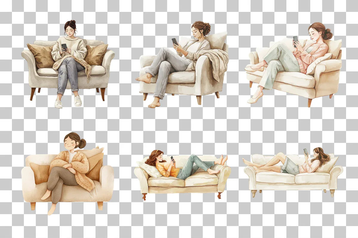 Relaxing Woman on Couch with Phone Clipart Bundle - CraftNest - Digital Crafting and Art
