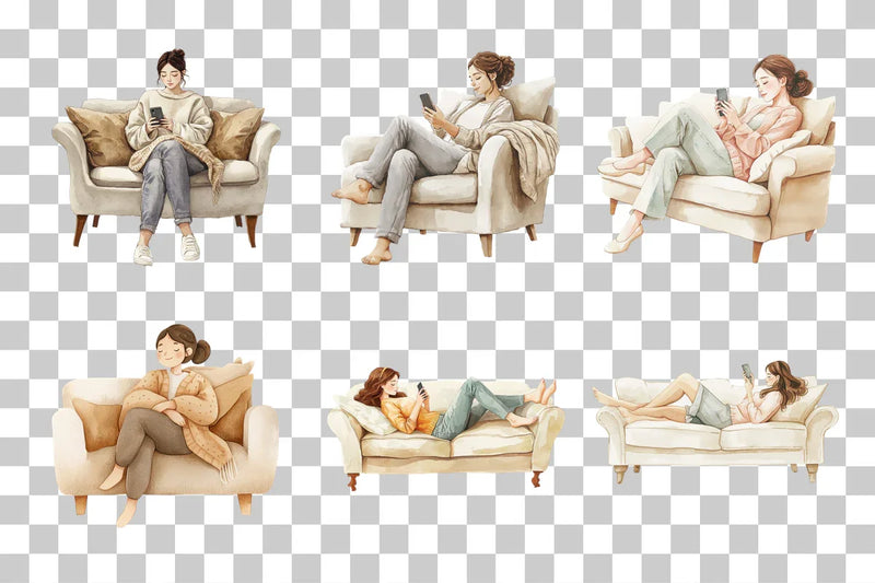Relaxing Woman on Couch with Phone Clipart Bundle - CraftNest - Digital Crafting and Art