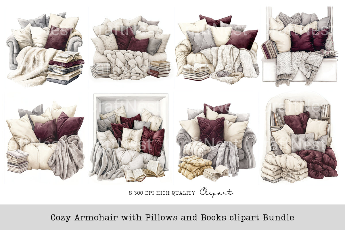 Cozy Armchair With Pillows And Books Clipart Planner