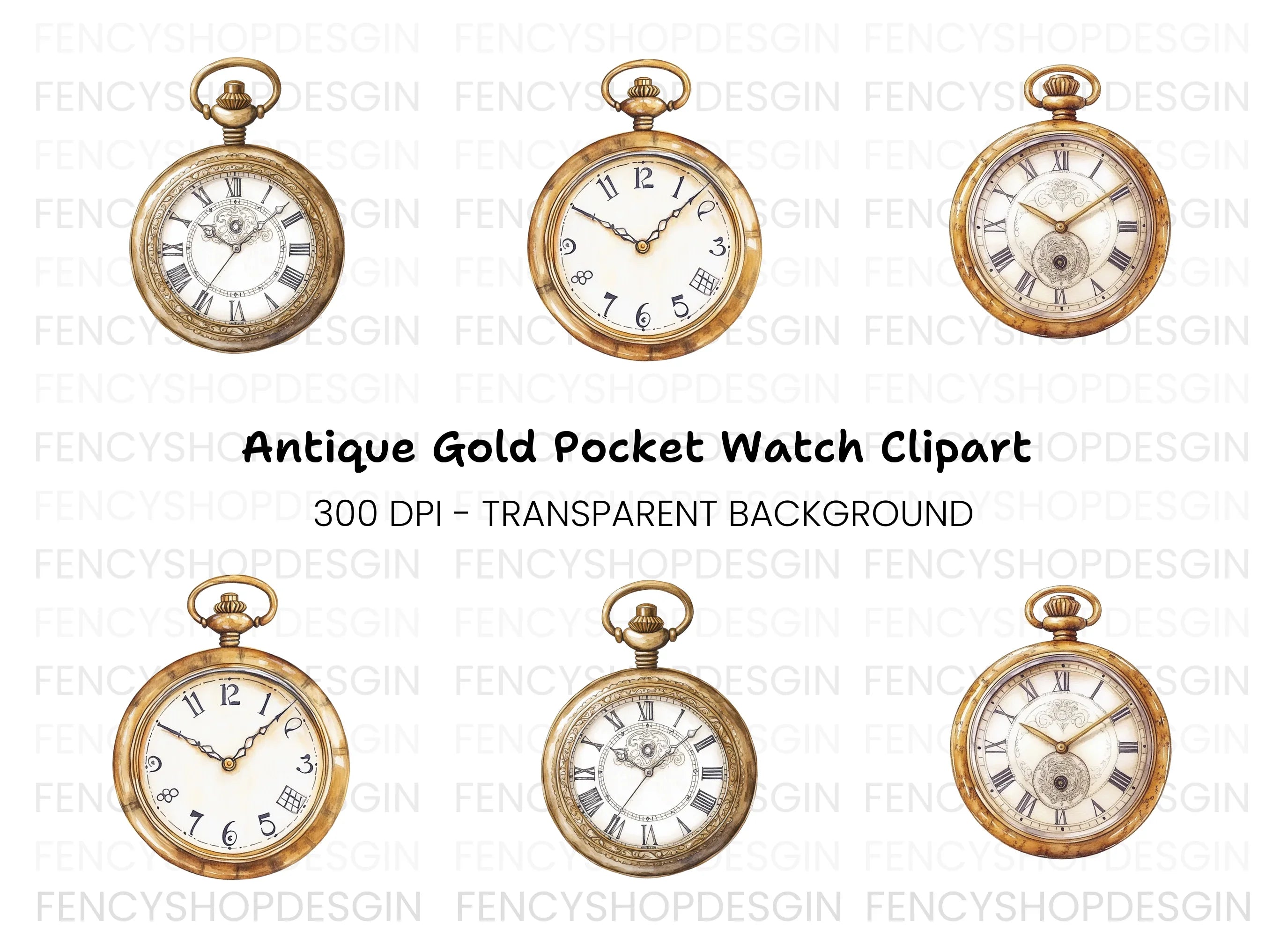 Classic Gold Pocket Watch Illustrations Clipart Bundle