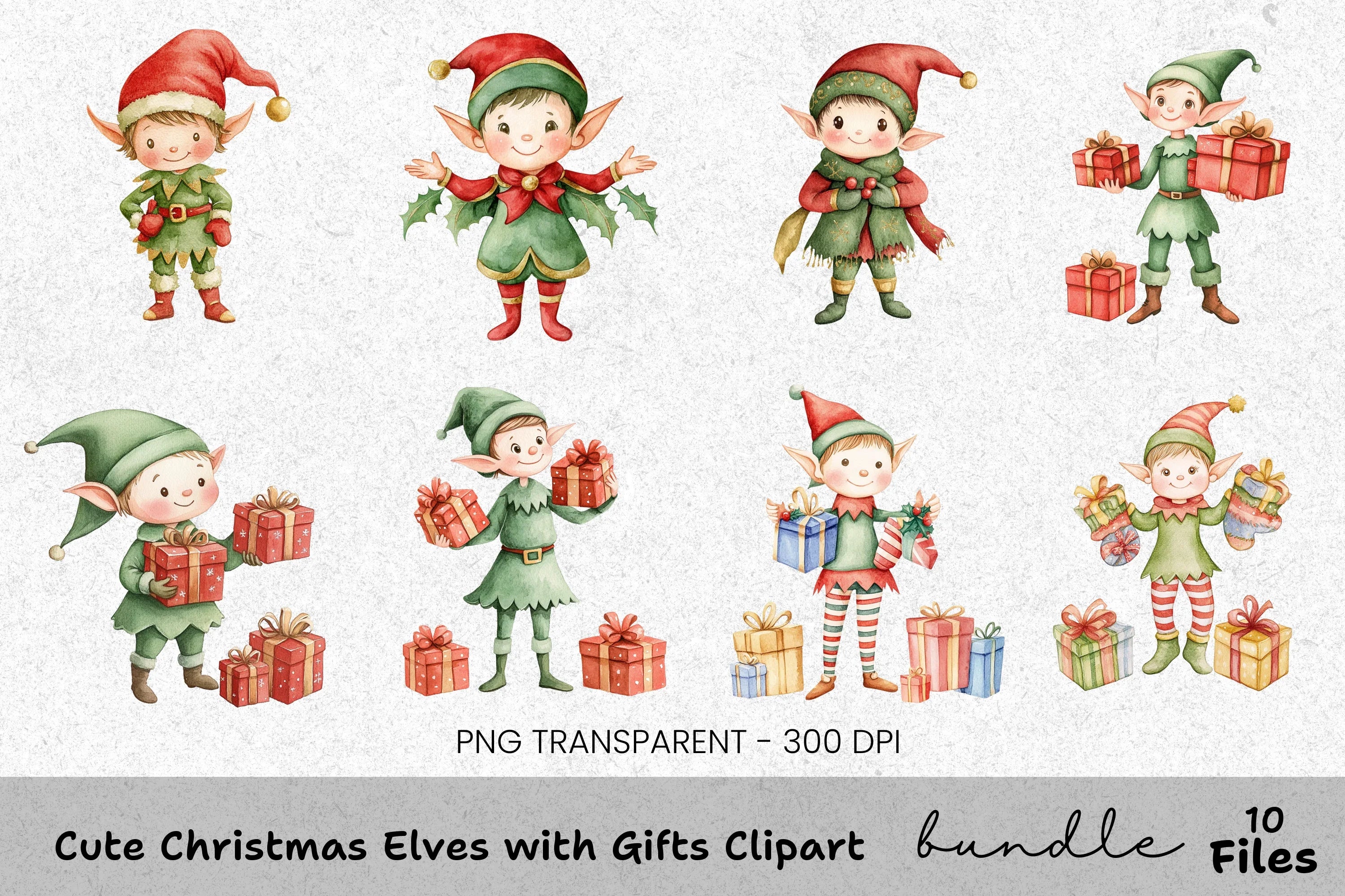 Cute Christmas Elves with Gifts Clipart Bundle