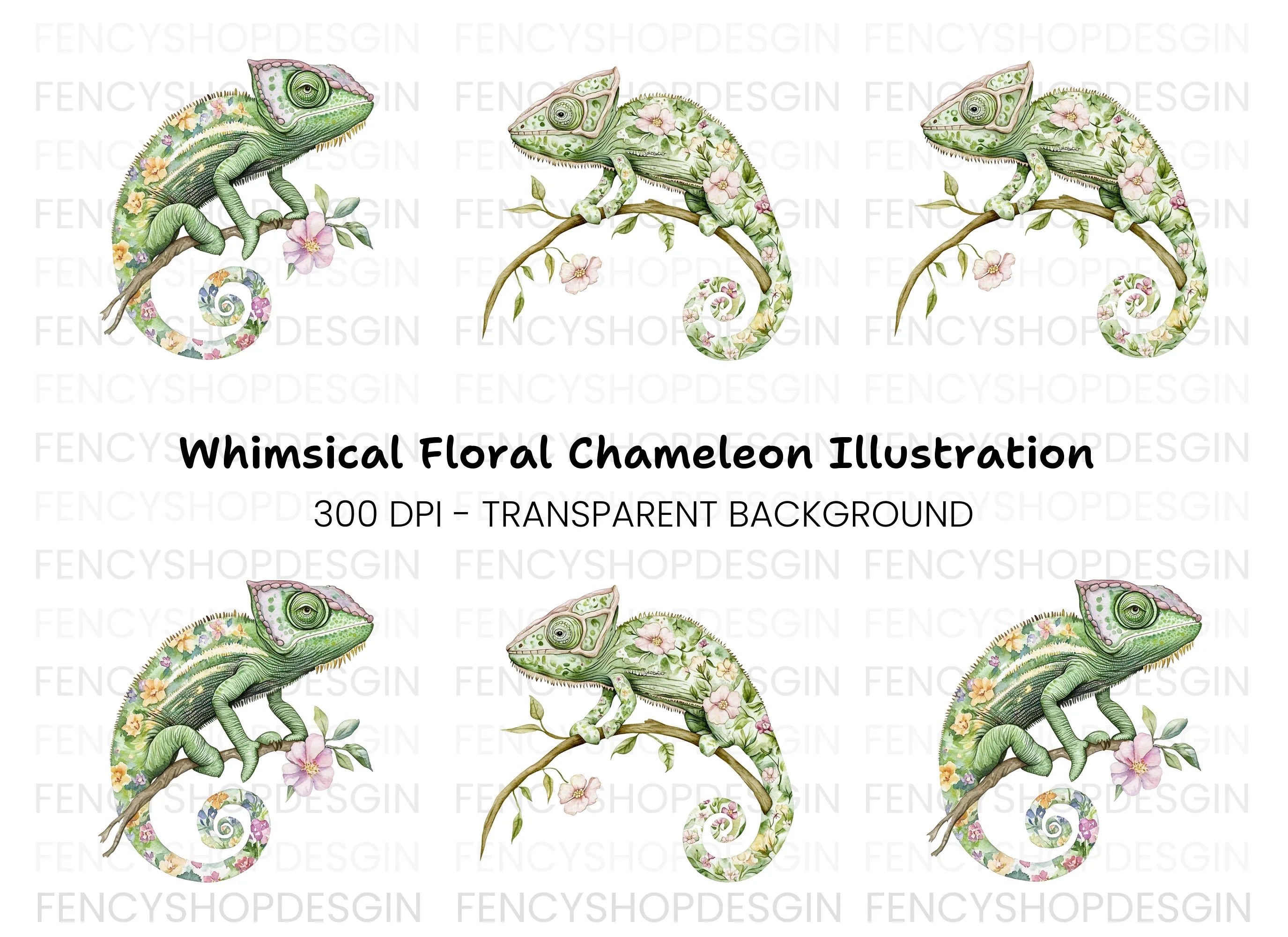 Floral Chameleon Clipart Bundle