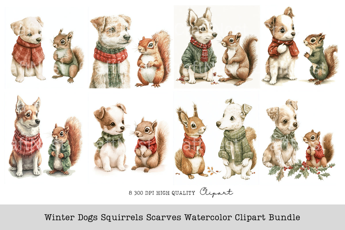 Winter Dogs Squirrels Scarves Clipart Bundle