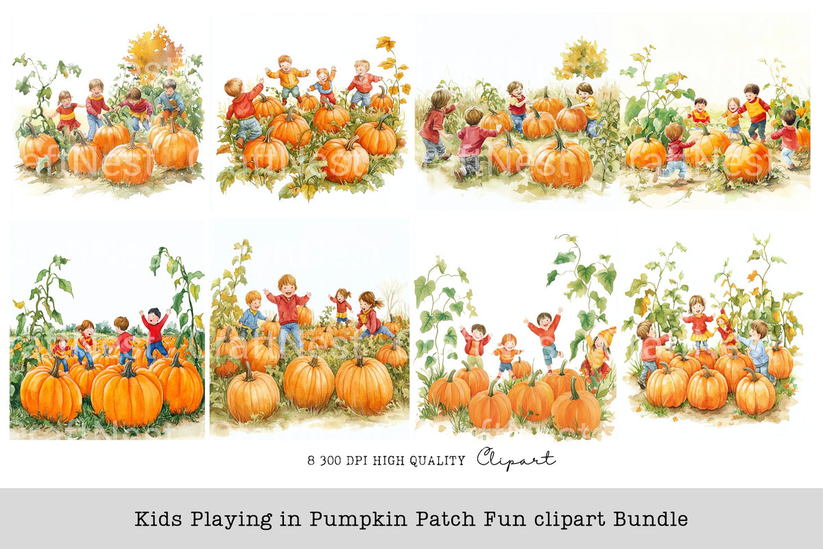 Kids Playing In Pumpkin Patch Fun Clipart Bundle