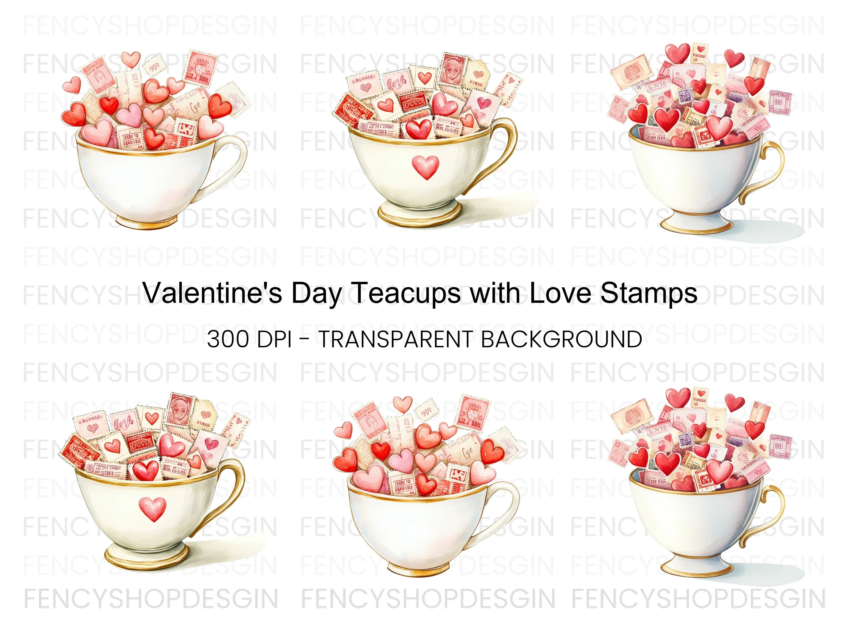 Teacups With Love Stamps Clipart Bundle