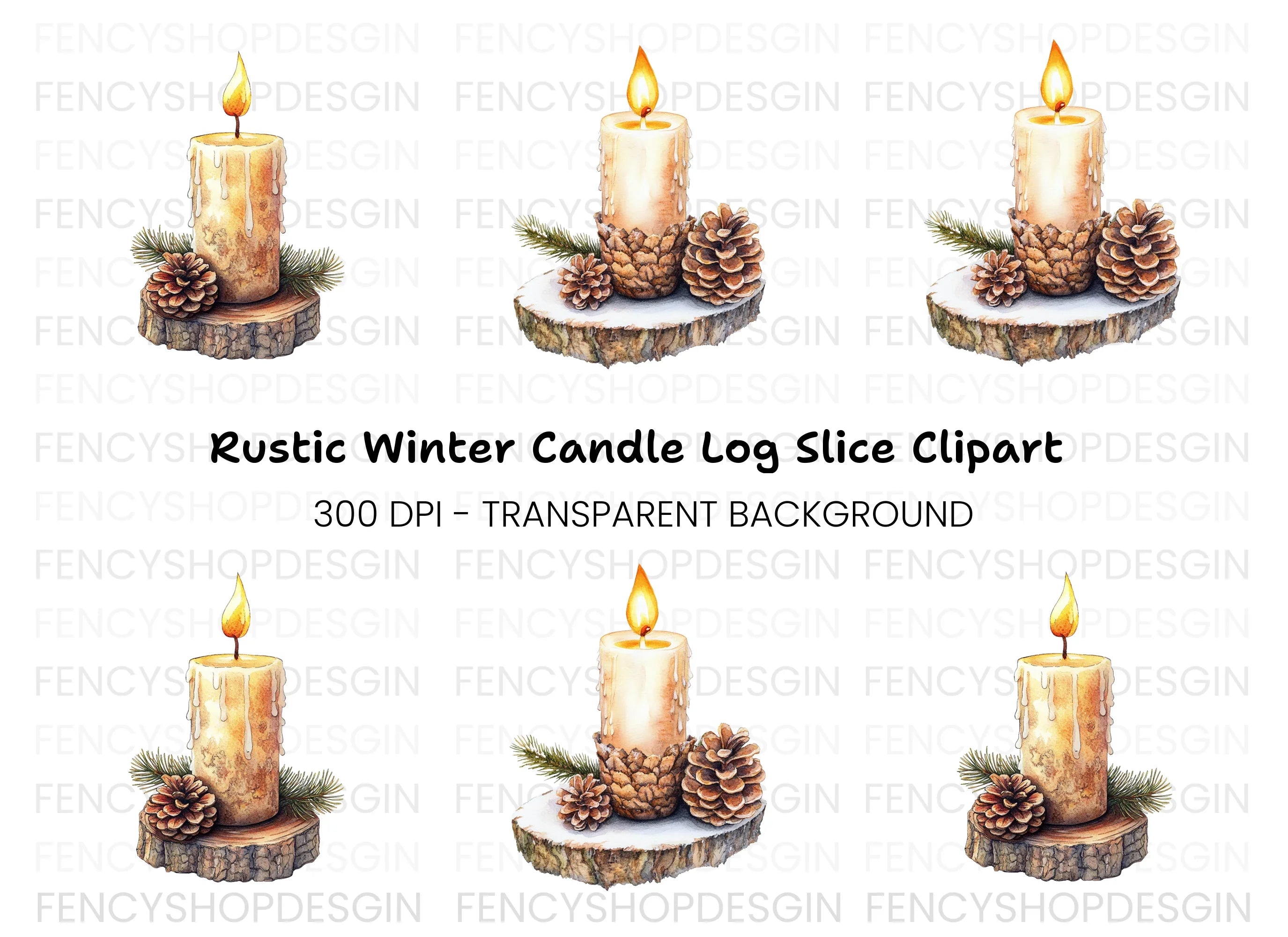 Winter Candle Pinecone Wood Slice Clipart Bundle