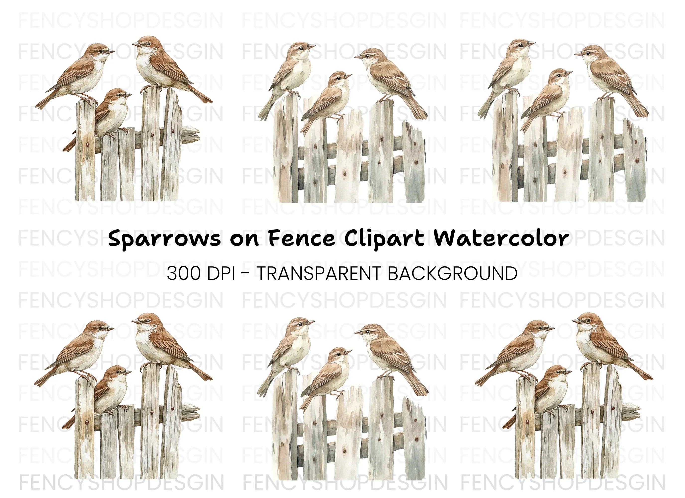 Sparrows on Rustic Fence Clipart Bundle