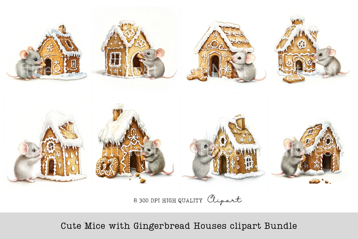 Cute Mice With Gingerbread Houses Clipart Bundle