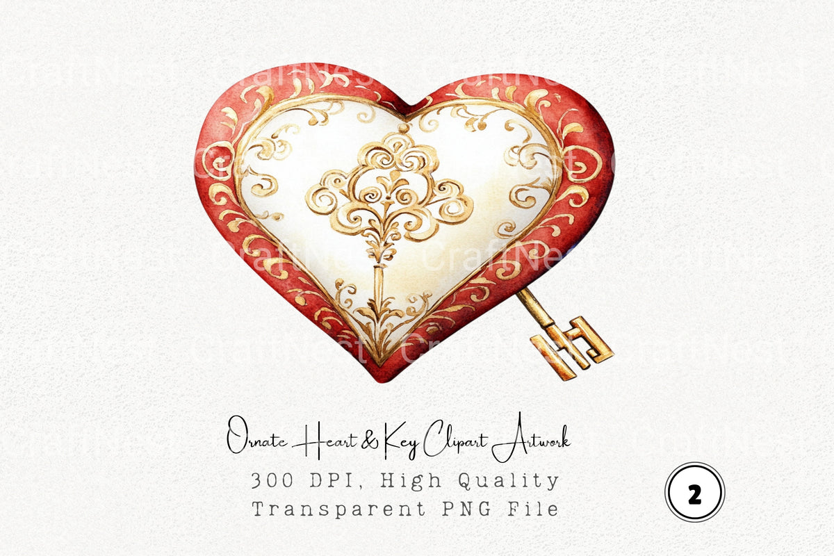 Ornate Heart Key Artwork Clipart Bundle