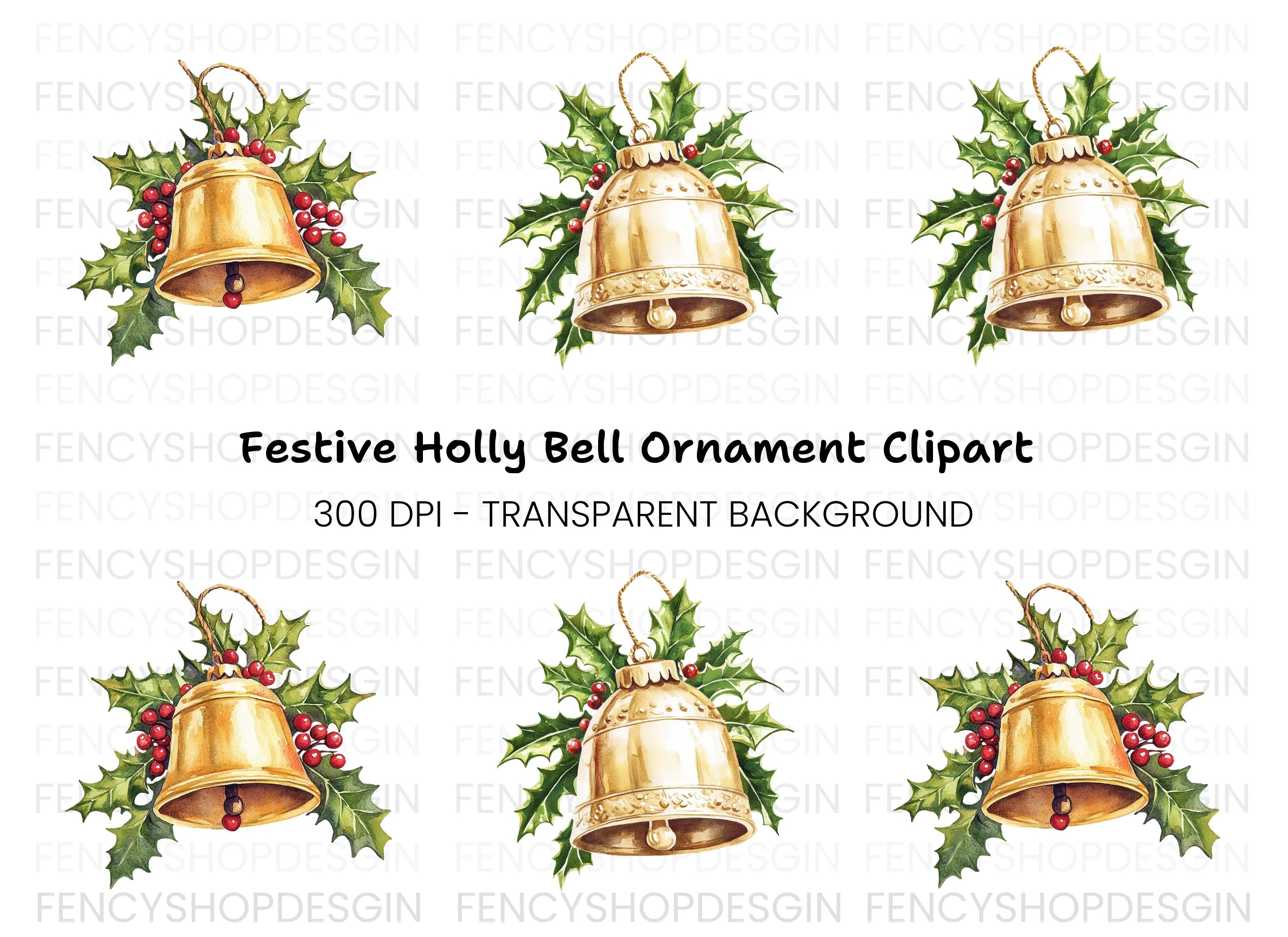 Golden Christmas Bells with Holly Clipart Bundle