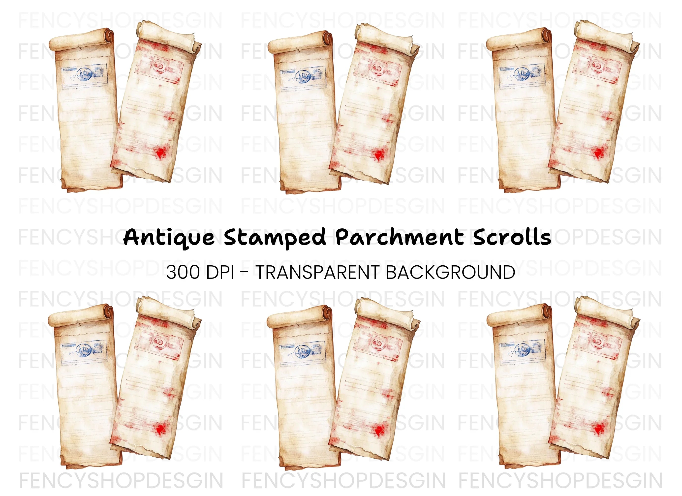 Vintage Scroll Blue Stamp Clipart Bundle