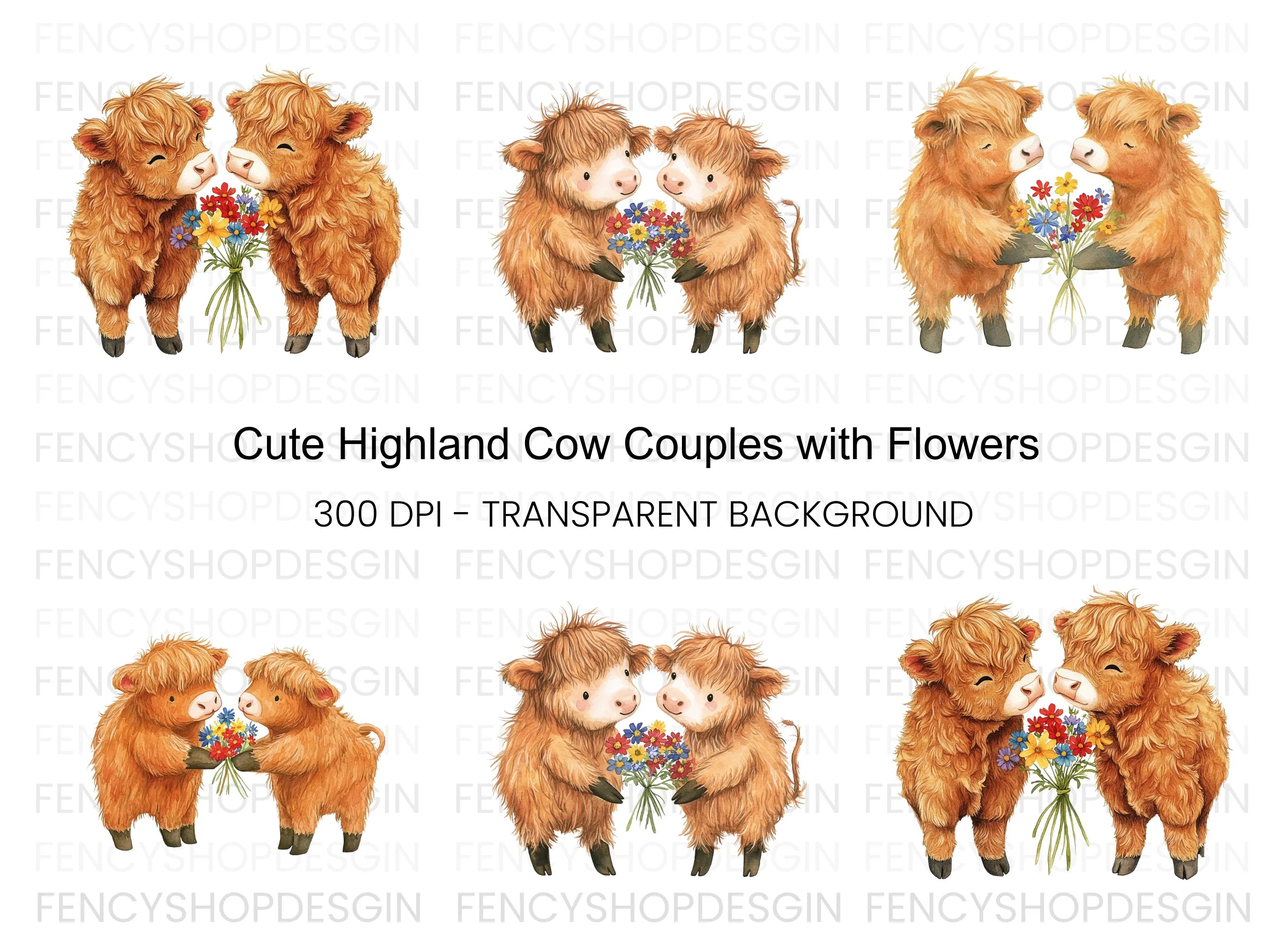 Cute Highland Cow Couples Clipart Bundle