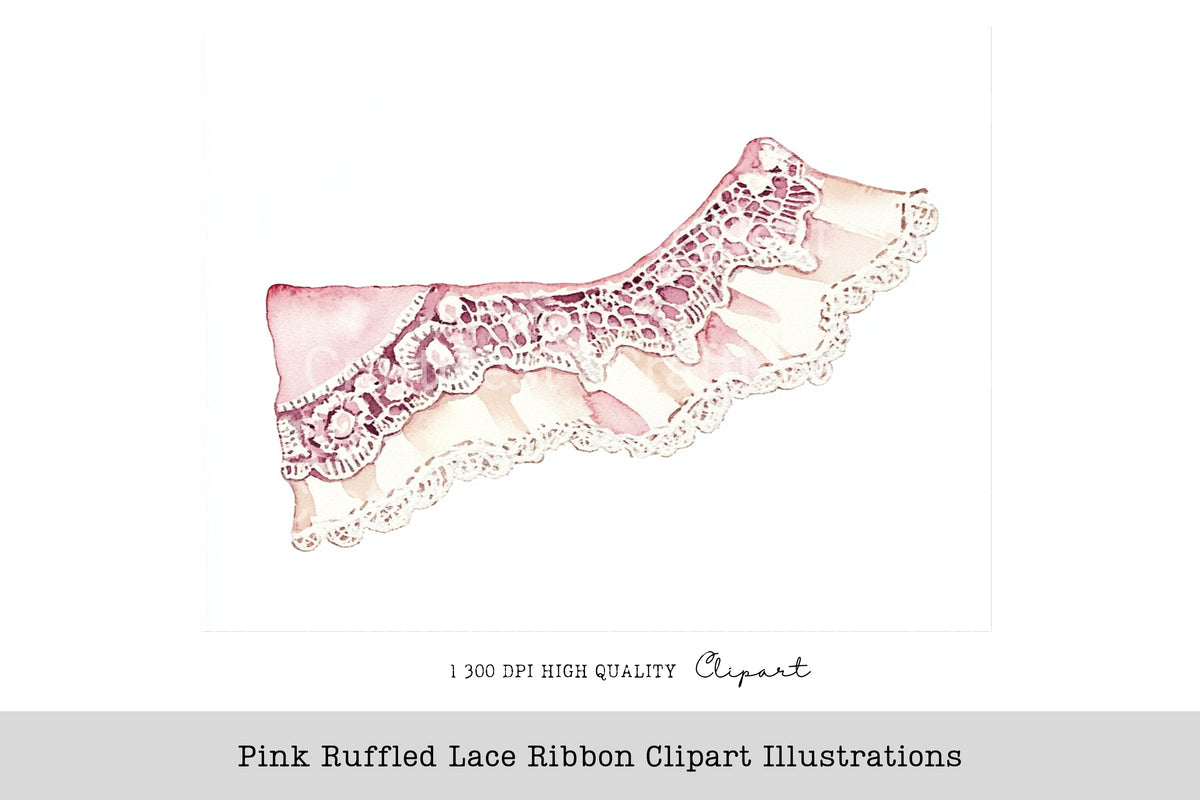 Pink Ruffled Lace Ribbon Illustrations Clipart Bundle
