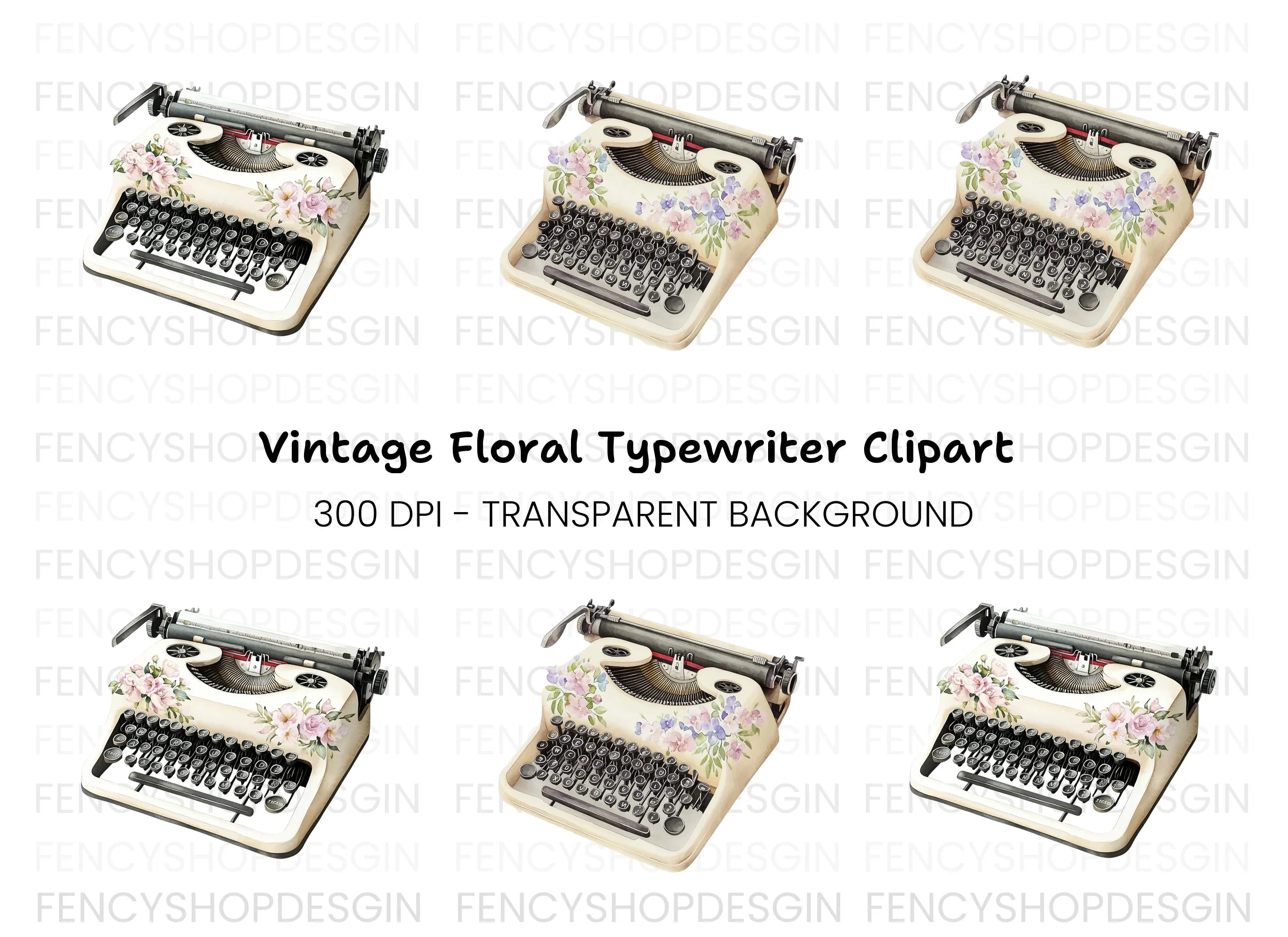 Vintage Typewriter Floral Clipart Bundle