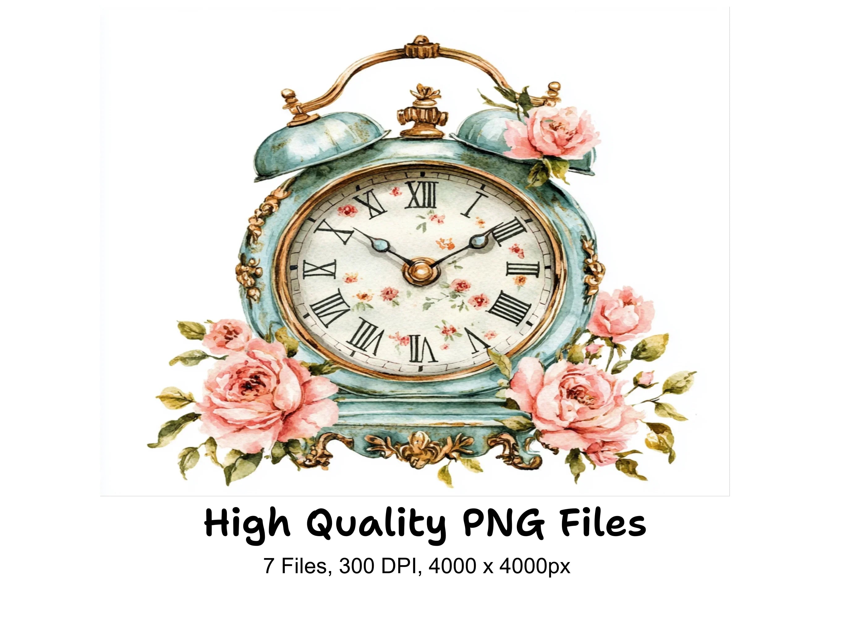 Vintage Floral Alarm Clock Clipart Bundle