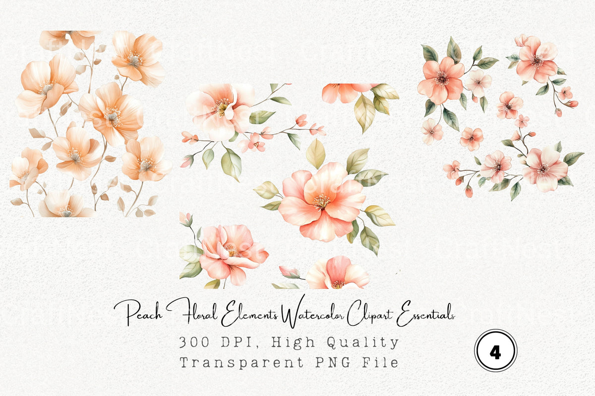 Peach Floral Elements Essentials Clipart Bundle