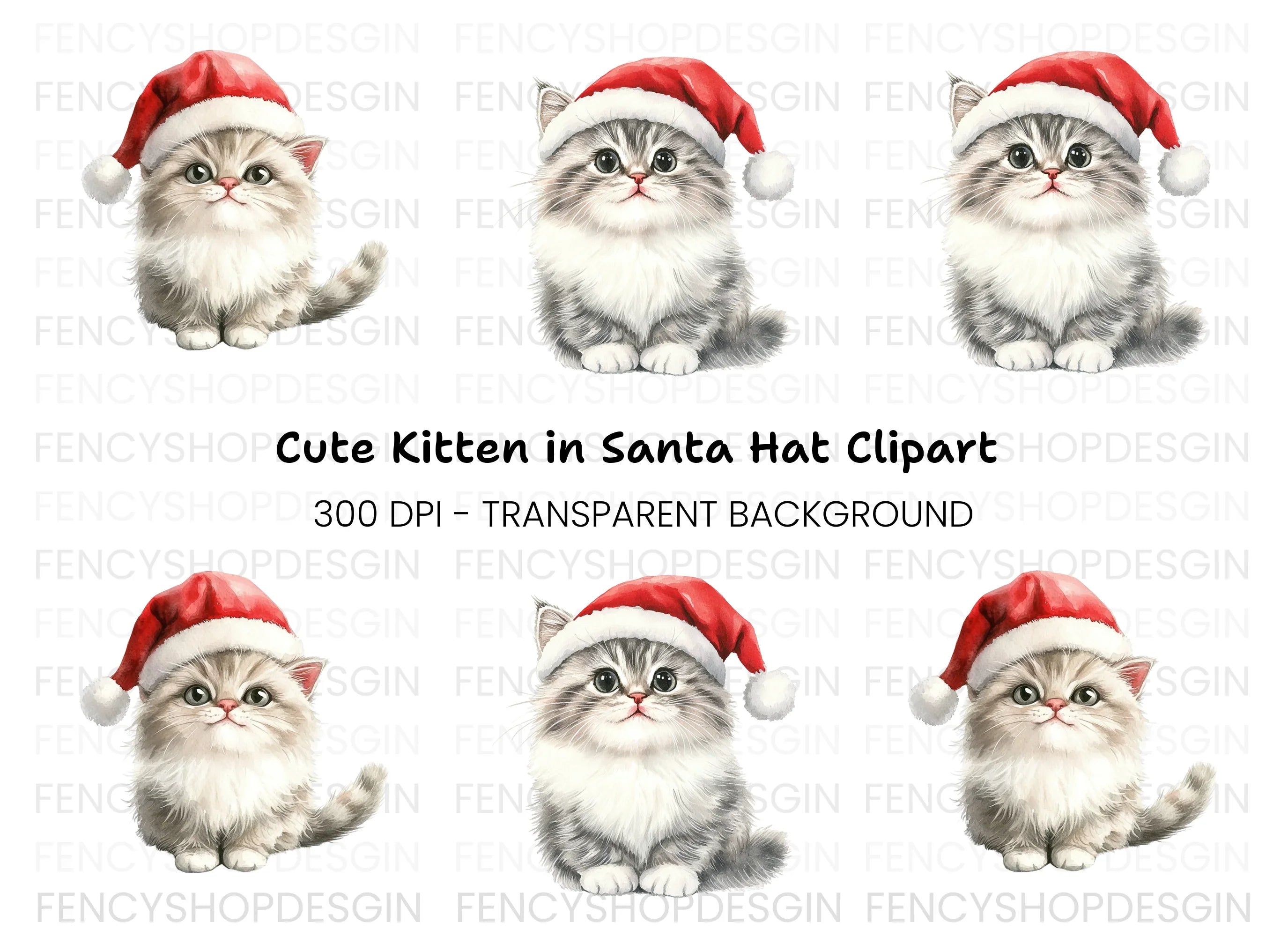 Cute Kittens in Santa Hats Clipart Bundle