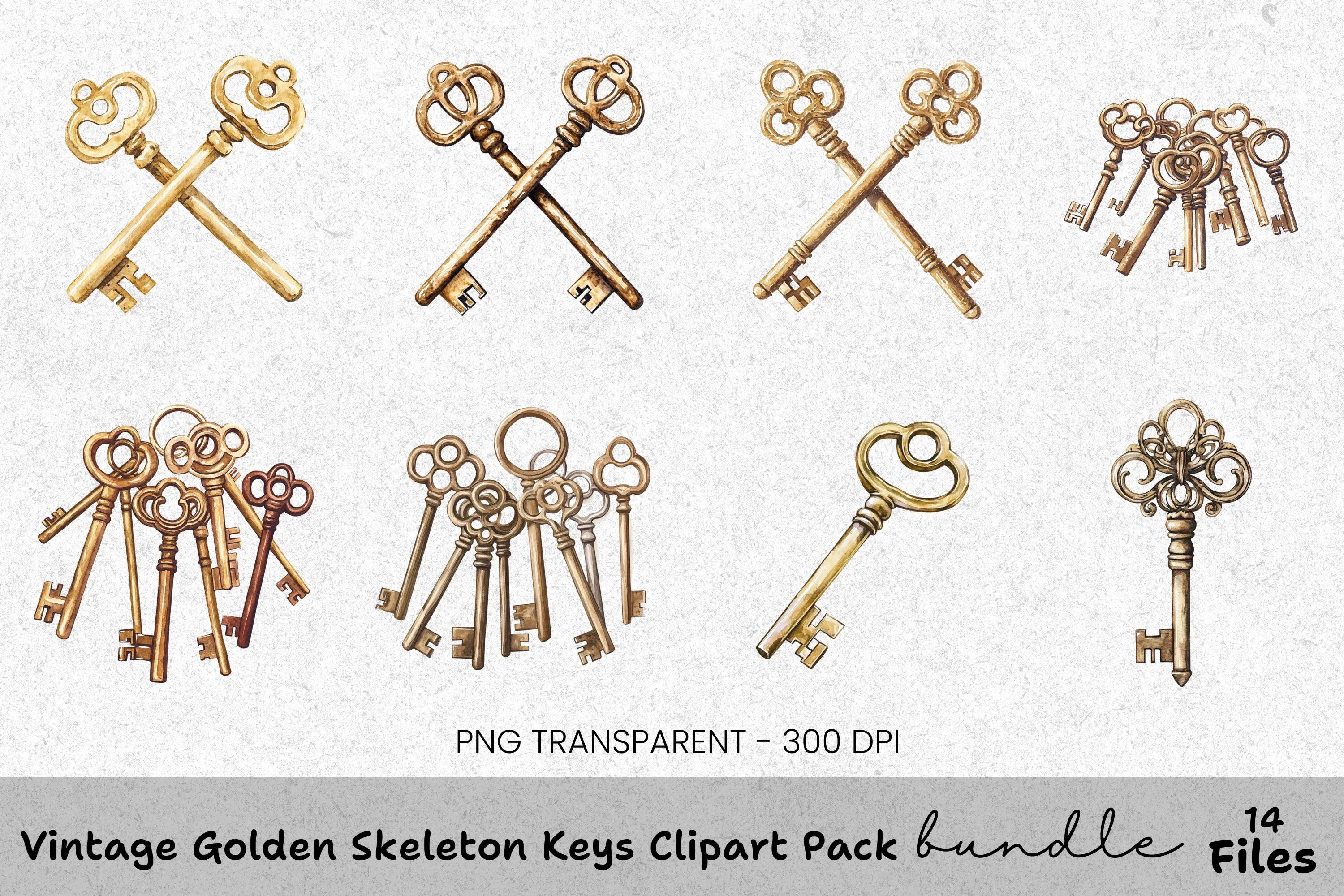 Vintage Golden Skeleton Keys Clipart Bundle