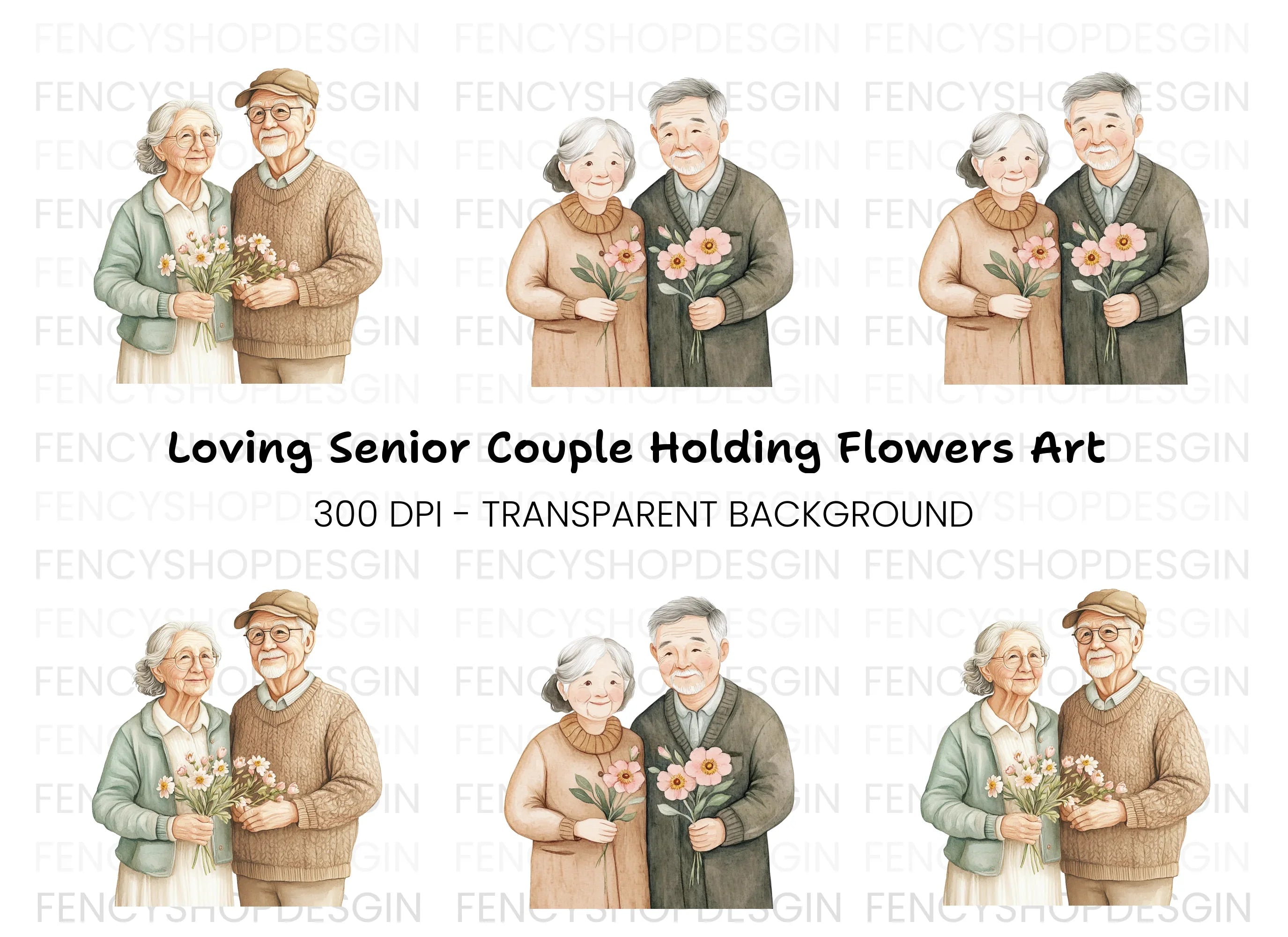 Senior Couples Holding Flowers Clipart Bundle