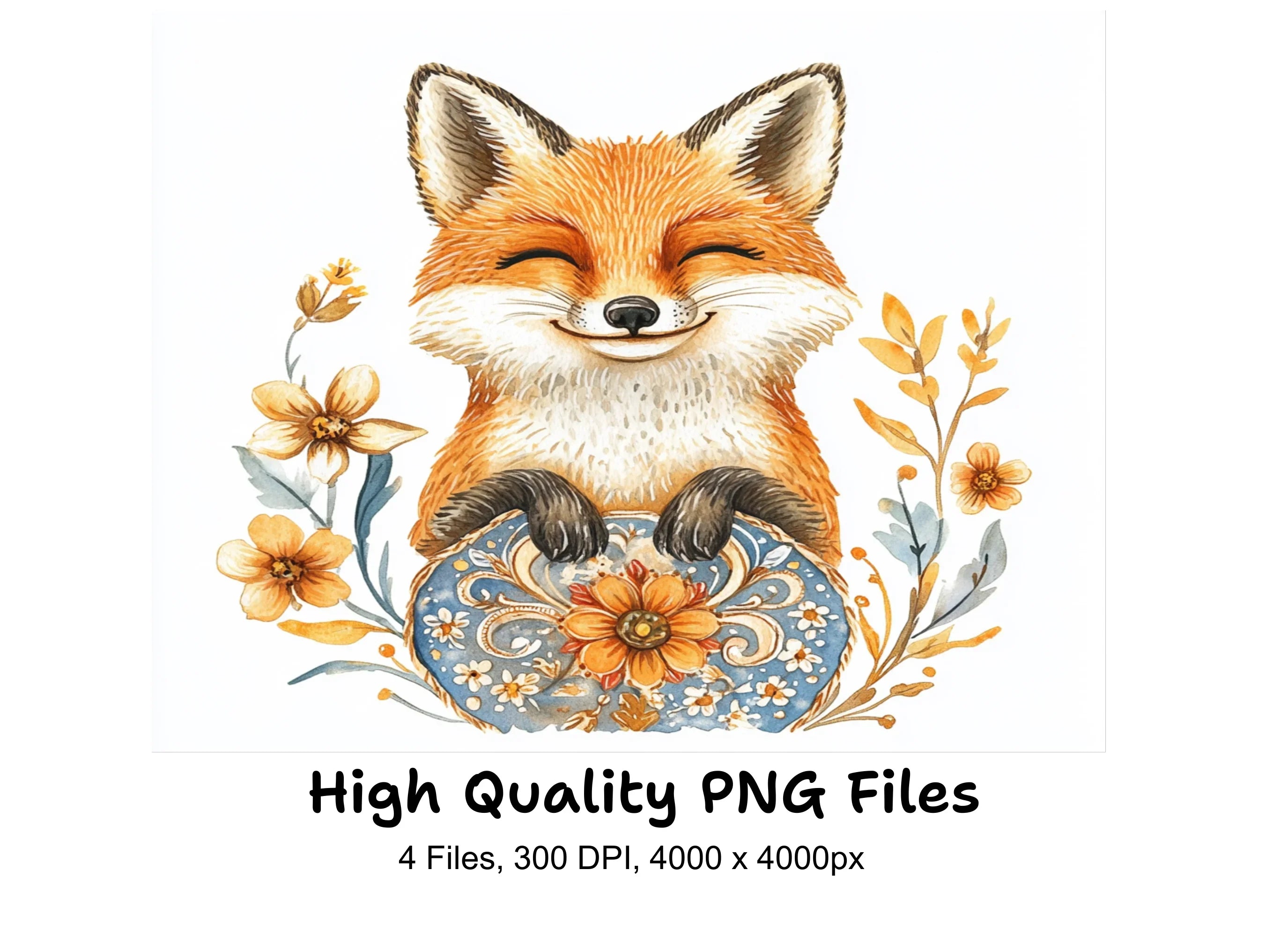 Happy Fox in Floral Egg Clipart Bundle